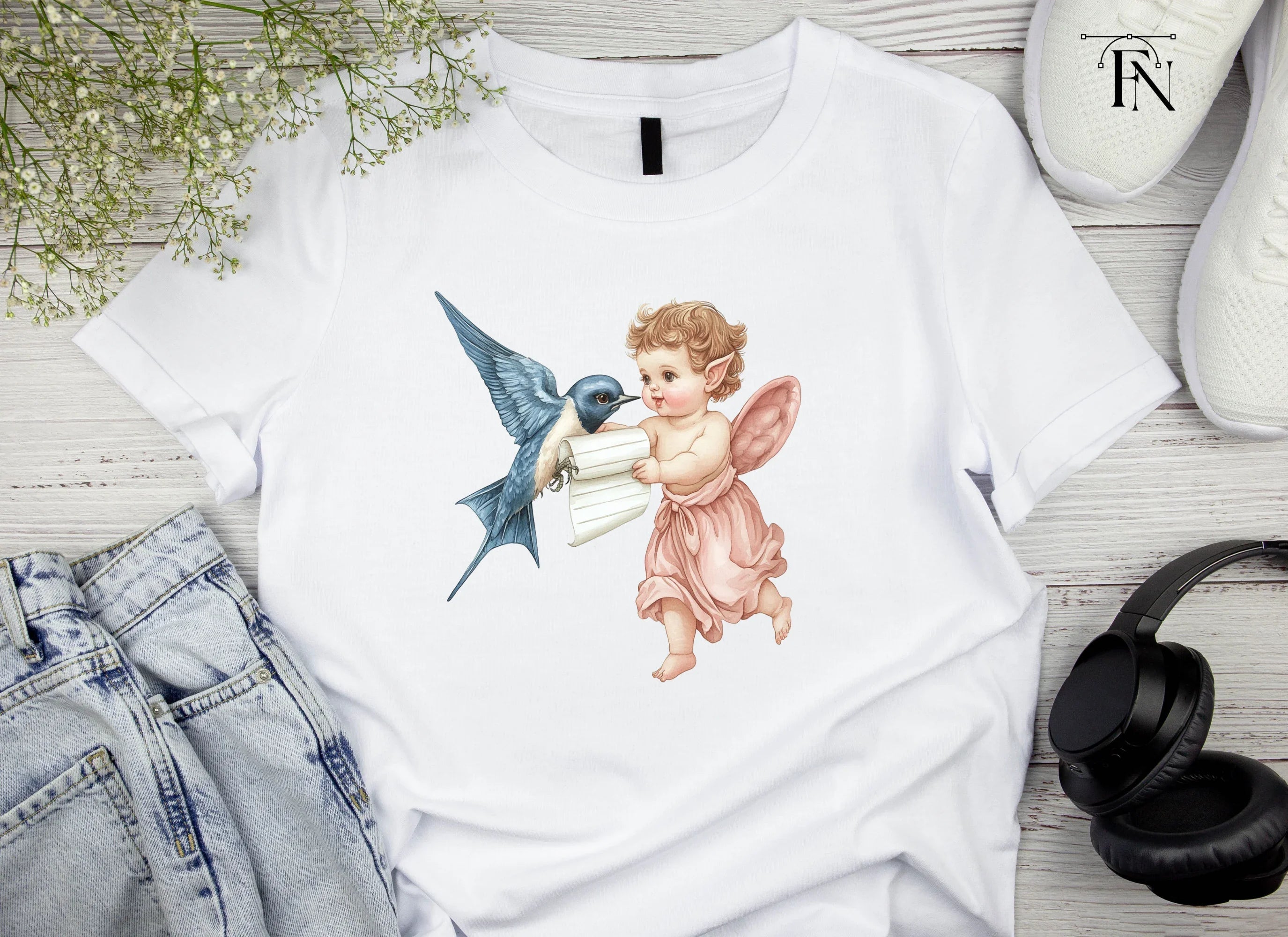 Cute Cherubs with Birds and Scrolls Clipart Bundle