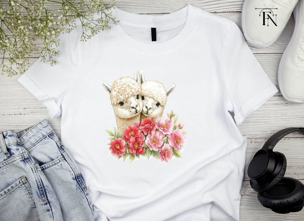 Cute Alpaca Couple with Pink Flowers Clipart Bundle