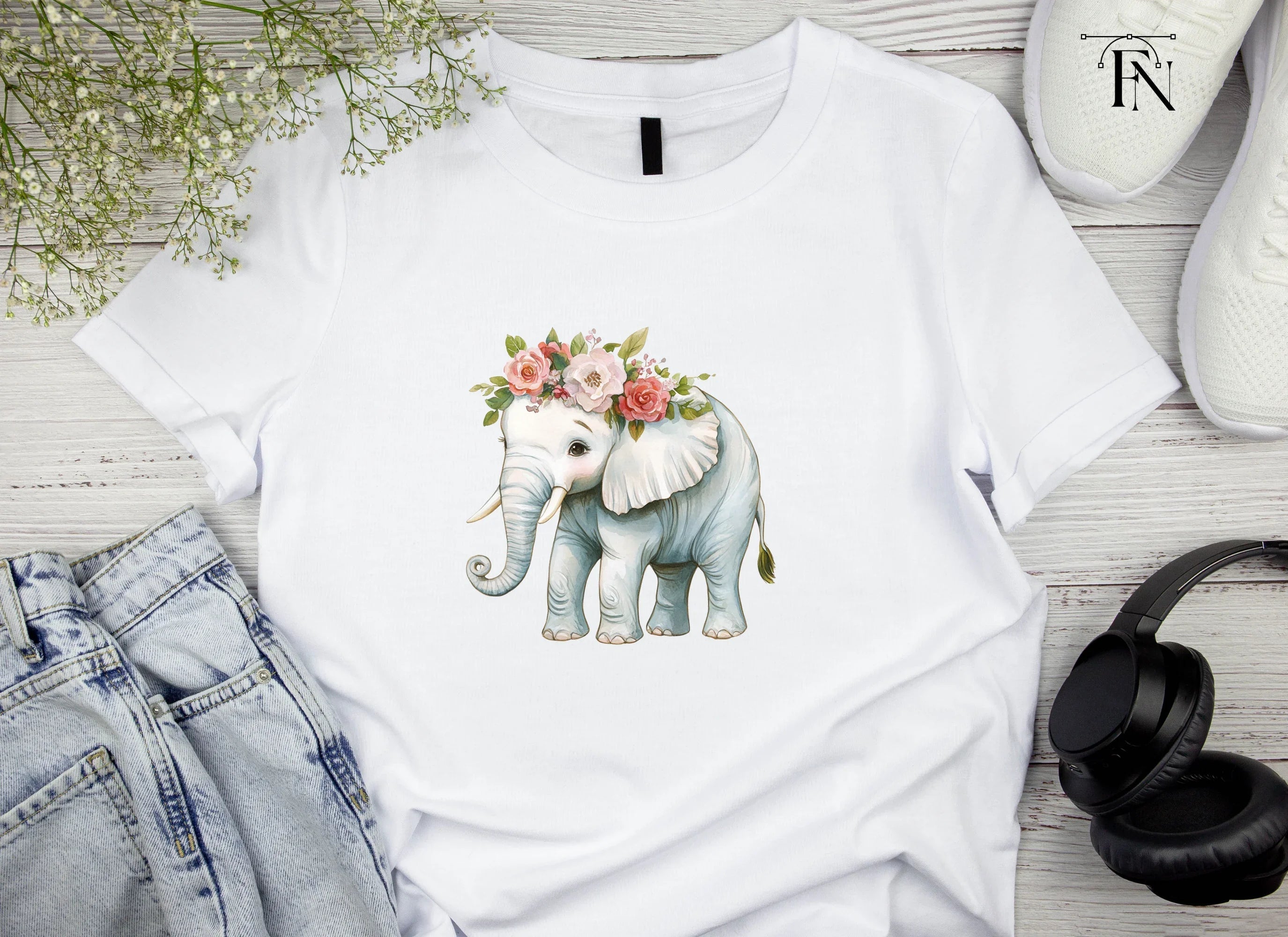 Cute Elephant with Flower Crown Clipart Bundle