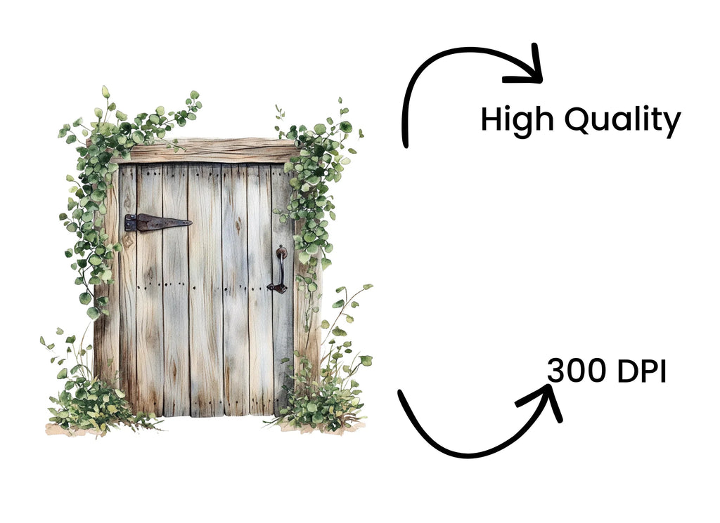 Rustic Wooden Door with Greenery Clipart Bundle