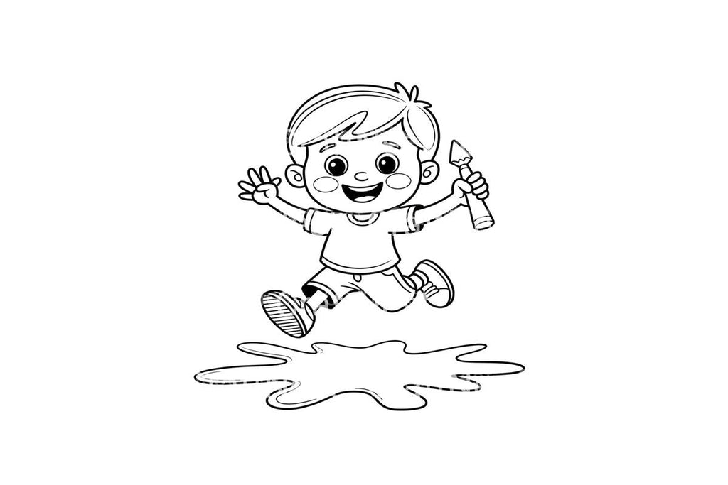 Boy Jumping in Puddle Coloring Books