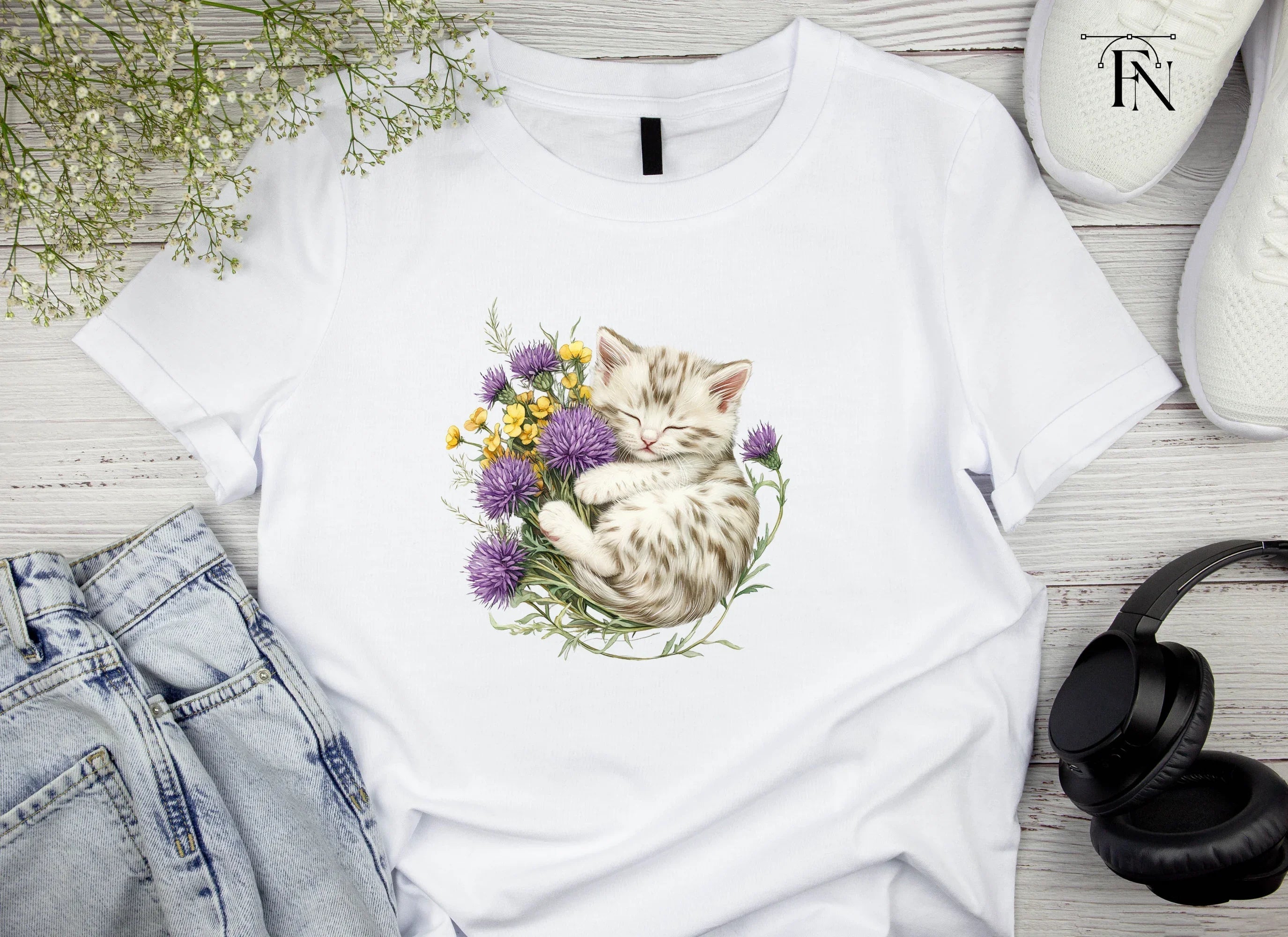 Sleeping Kitten in Wildflower Bouquet Clipart Bundle