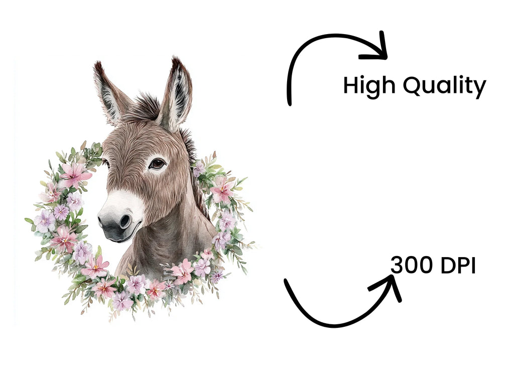 Cute Donkey Faces with Floral Wreaths Clipart Bundle