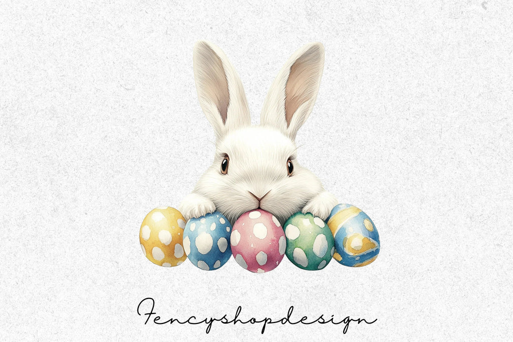 Cute Easter Bunnies with Colorful Eggs Clipart Bundle