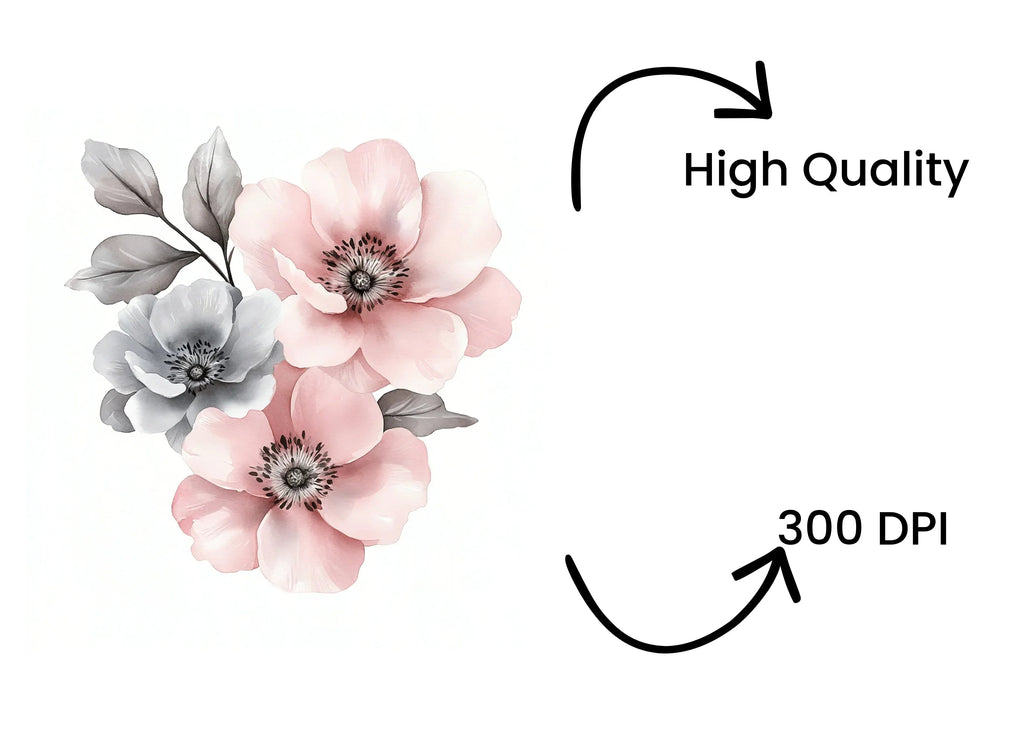 Soft Pink and Grey Flowers Clipart Bundle