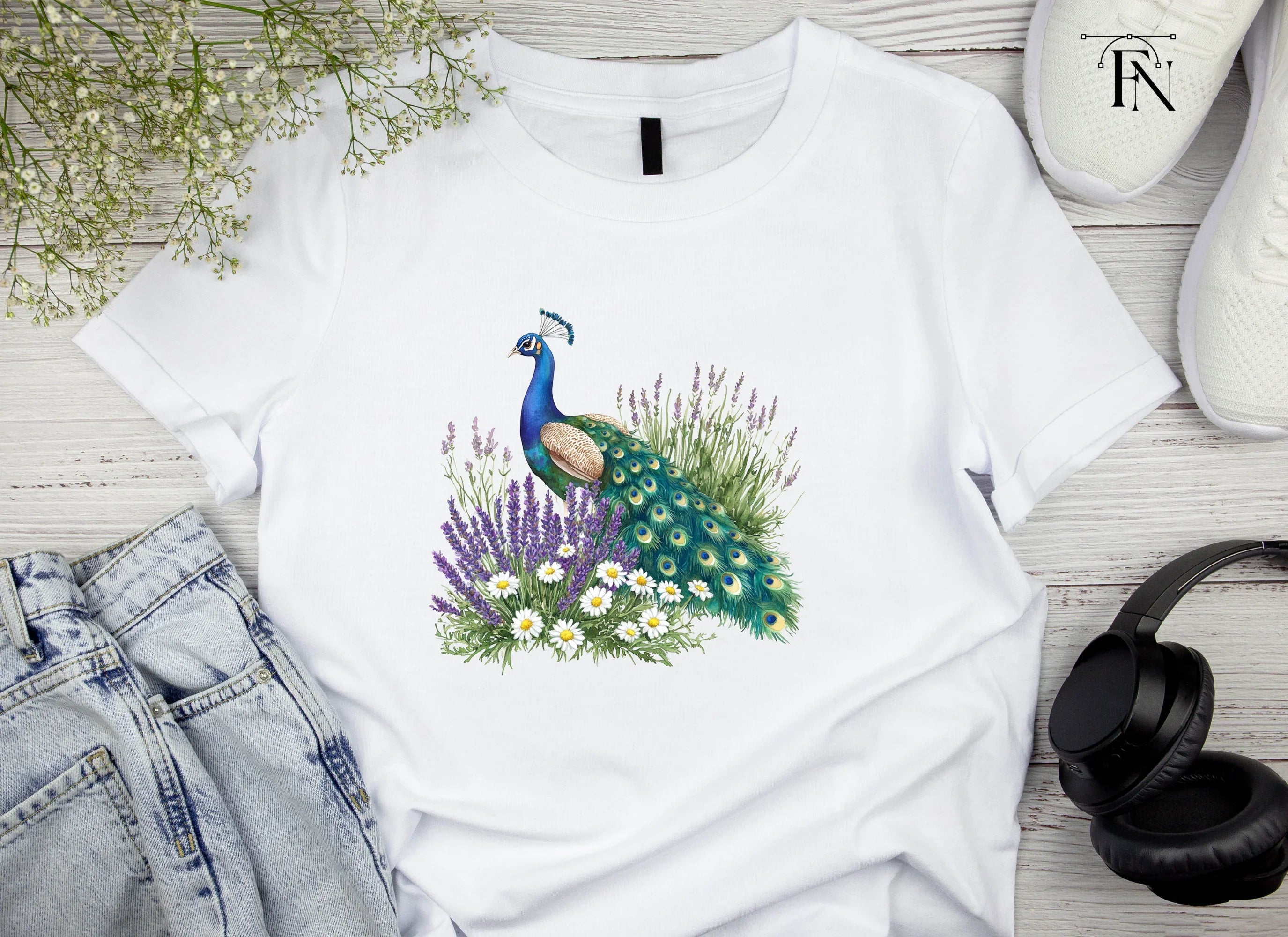 Peacock with Lavender and Daisies Clipart Bundle