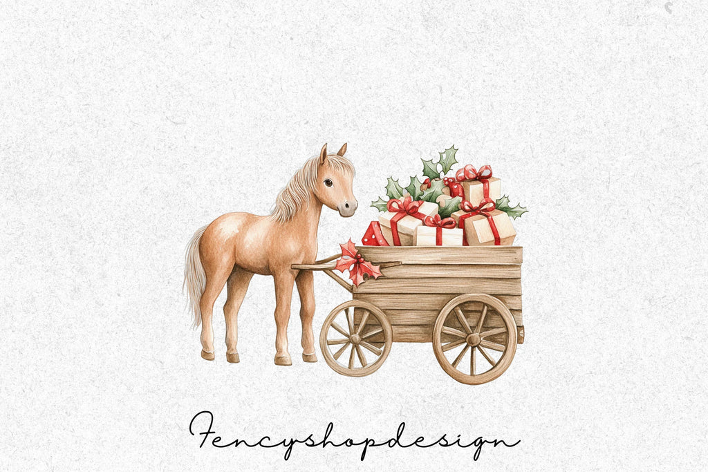 Christmas Horse Cart with Gifts Clipart Bundle