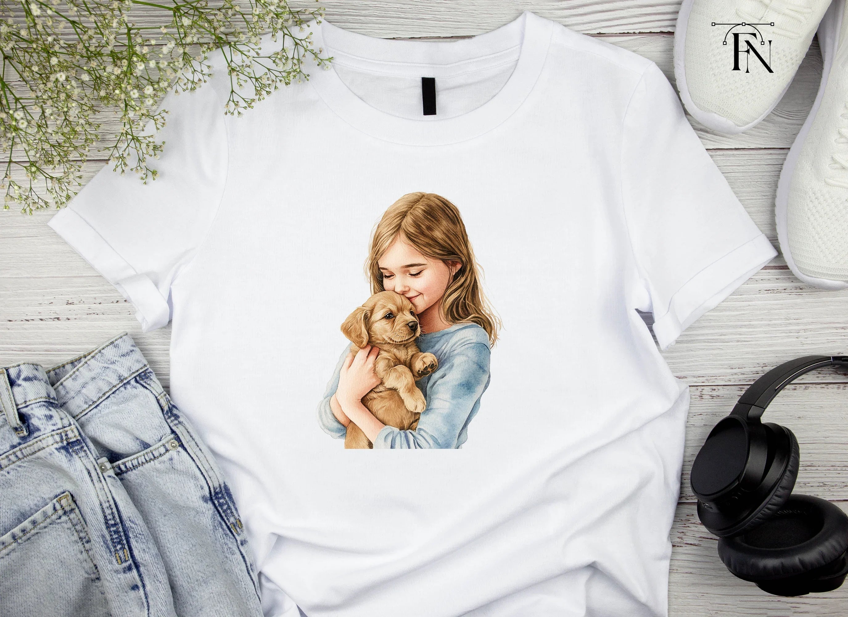 Girls Cuddling Puppies Clipart Bundle