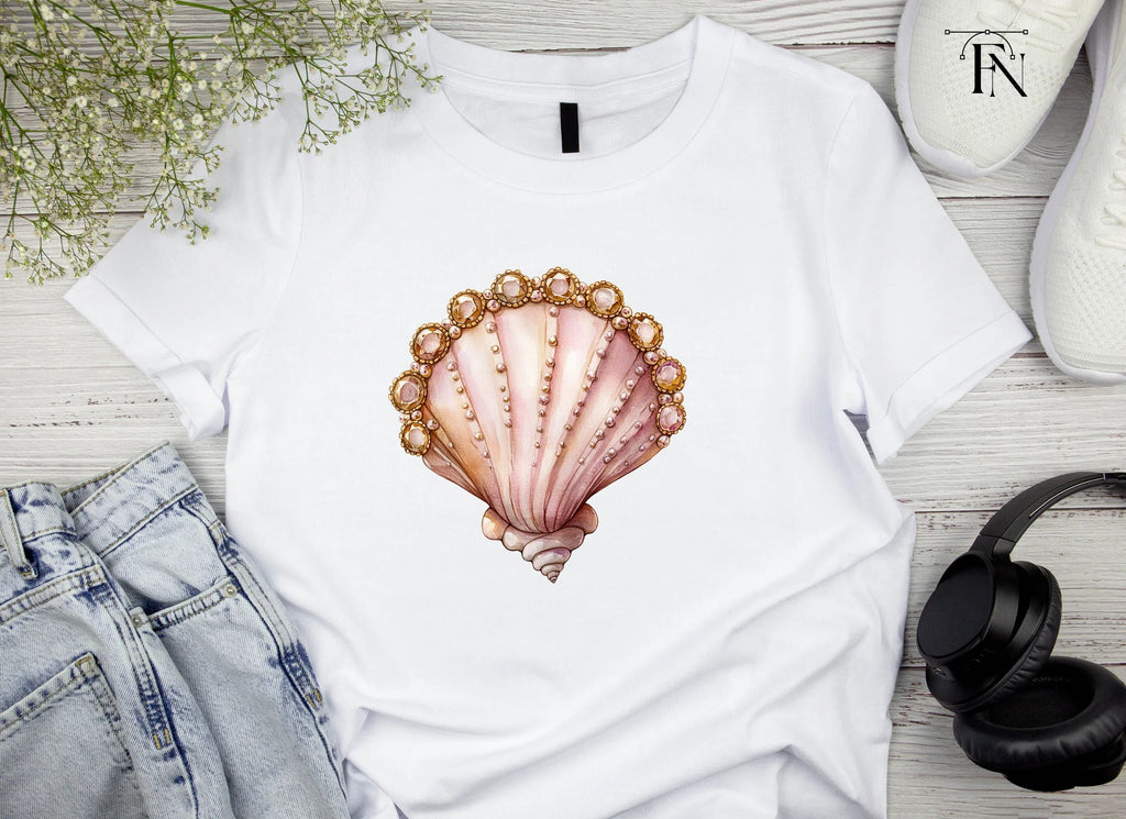 Pink Seashells with Gold Gem Clipart Bundle