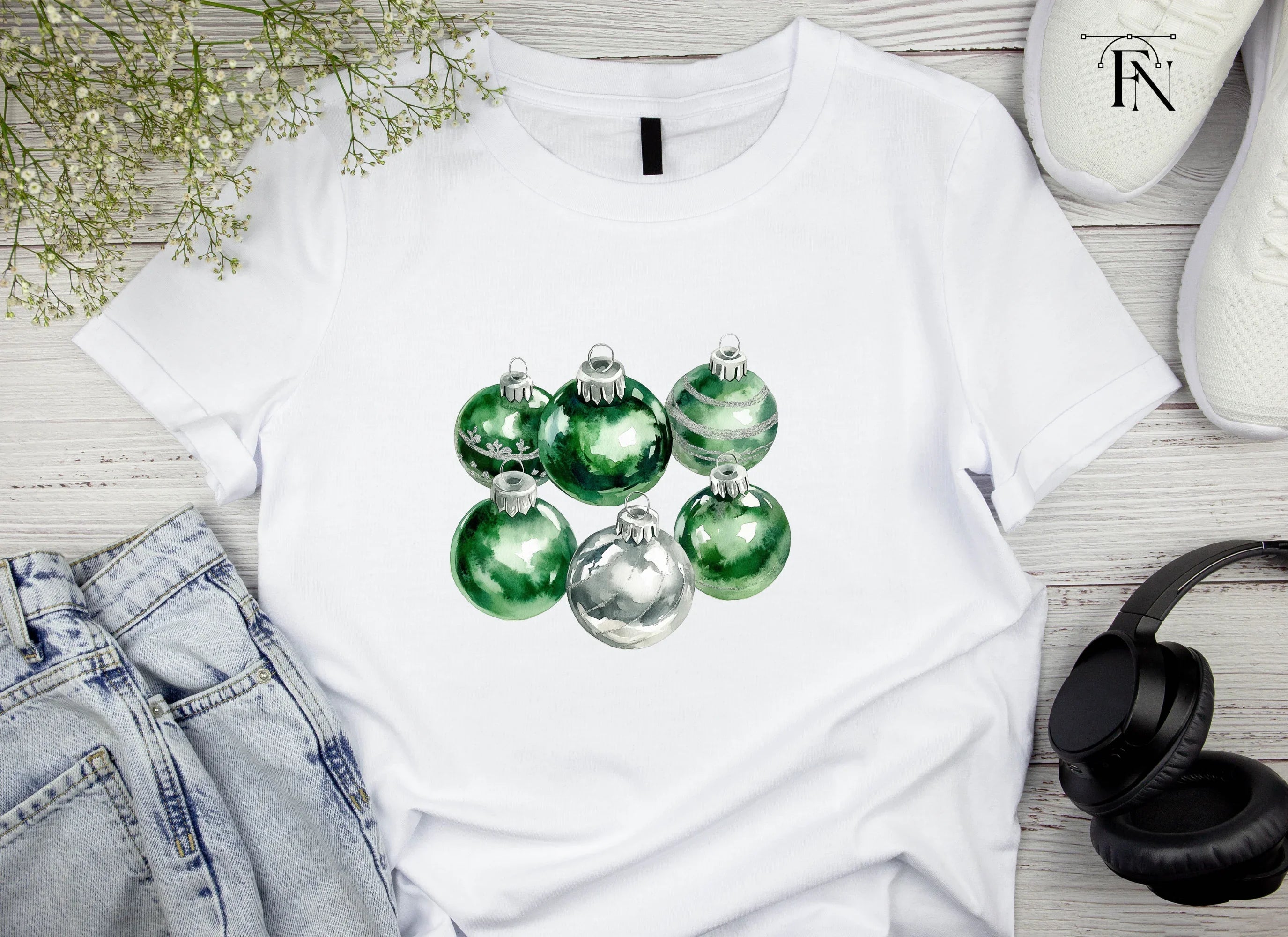 Green and Silver Christmas Baubles Clipart Bundle