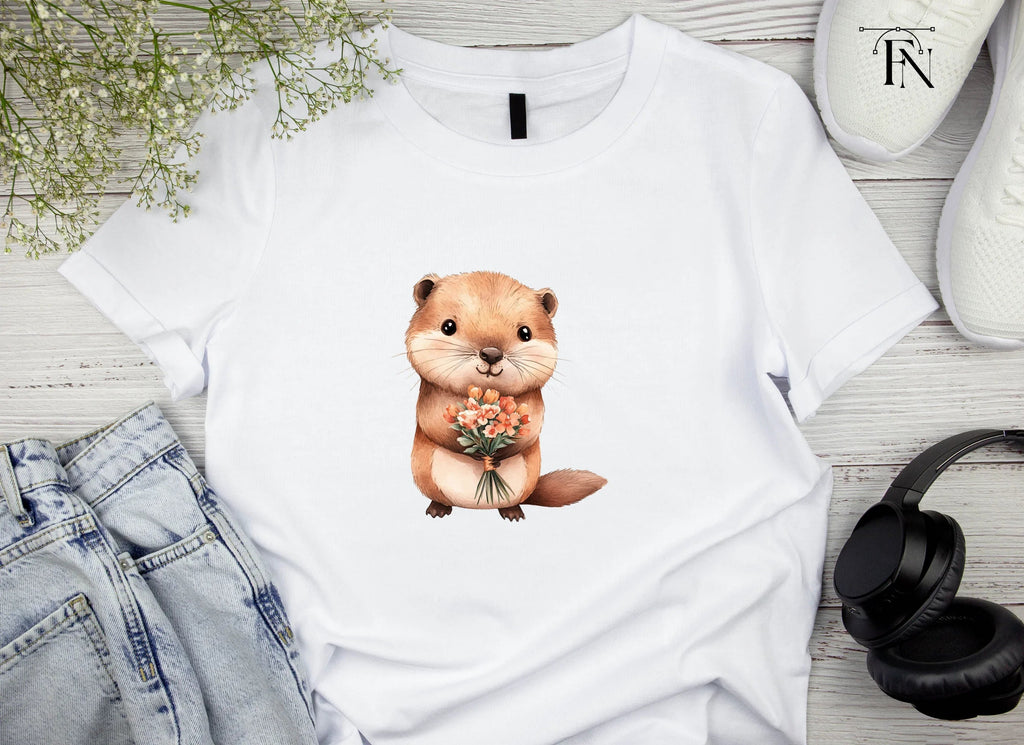 Cute Otters with Flower Bouquets Clipart Bundle