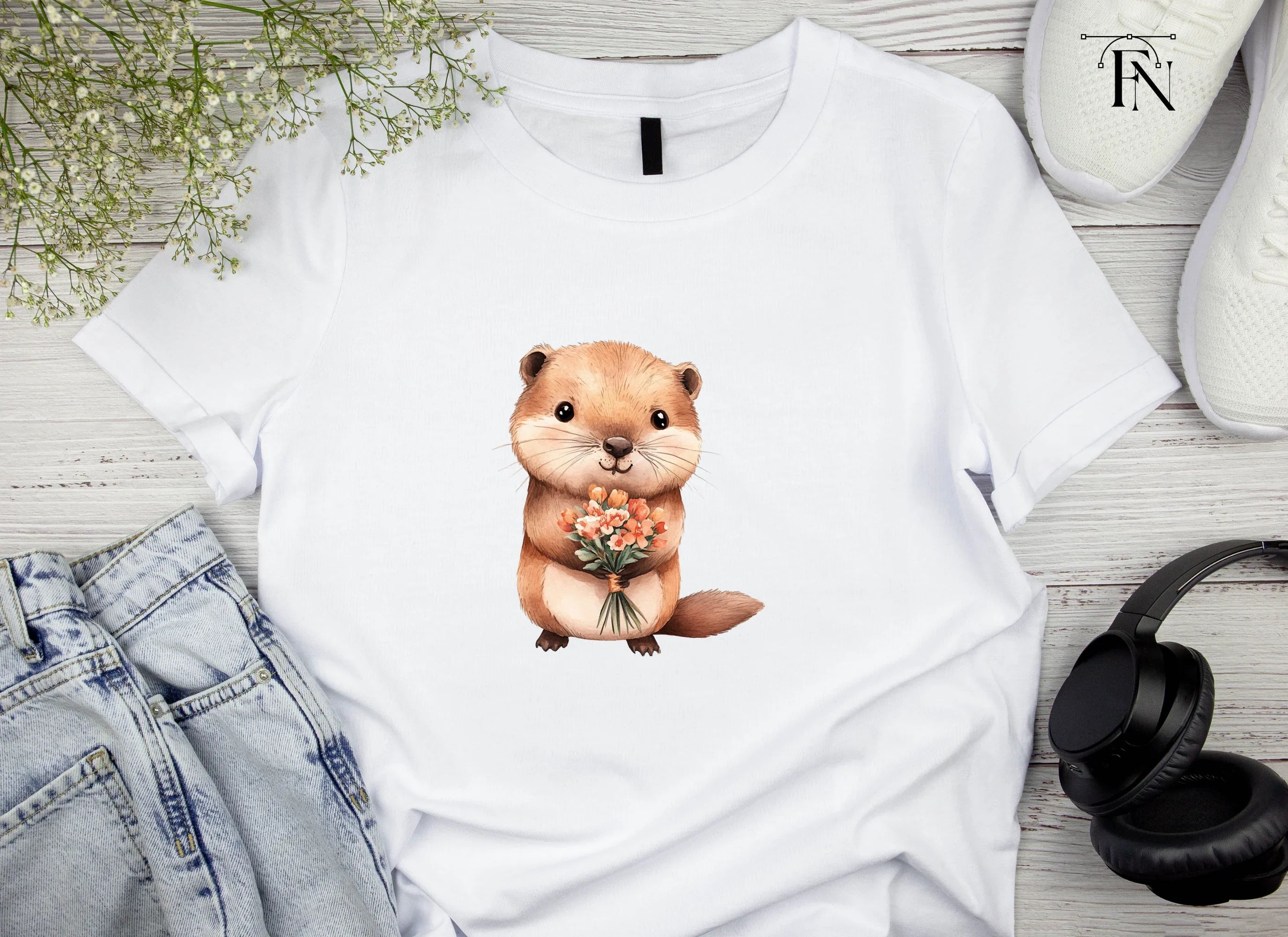 Cute Otters with Flower Bouquets Clipart Bundle