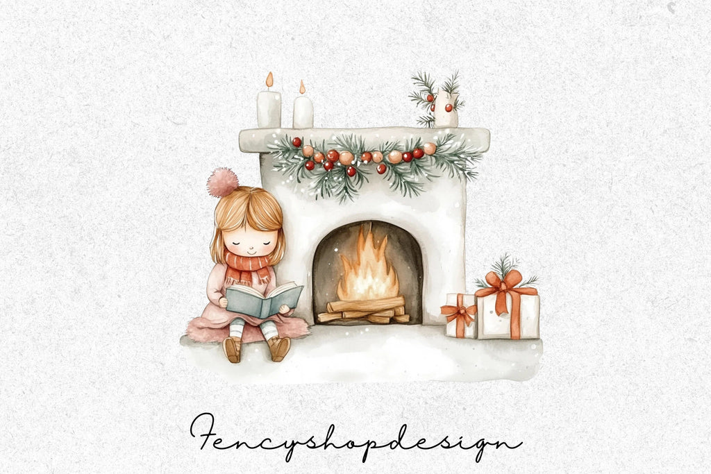 Cozy Winter Fireplace Reading Clipart Bundle