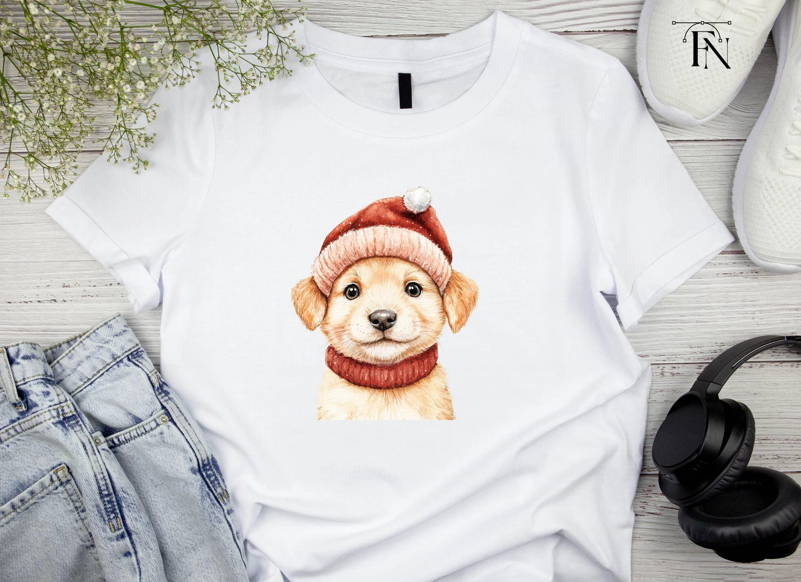 Cute Puppy in Santa Hat Clipart Bundle