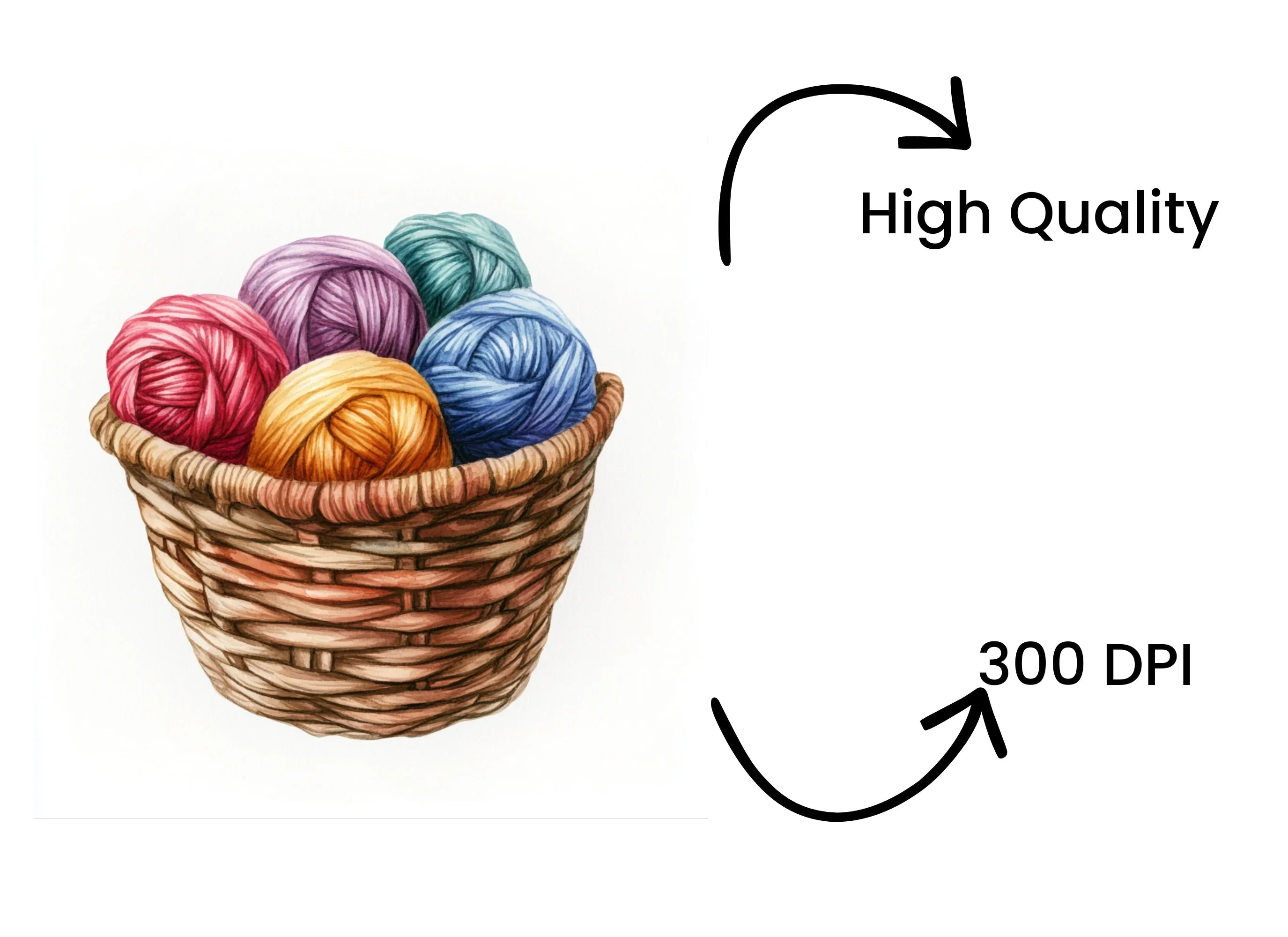 Colorful Yarn Balls in Baskets Clipart Bundle