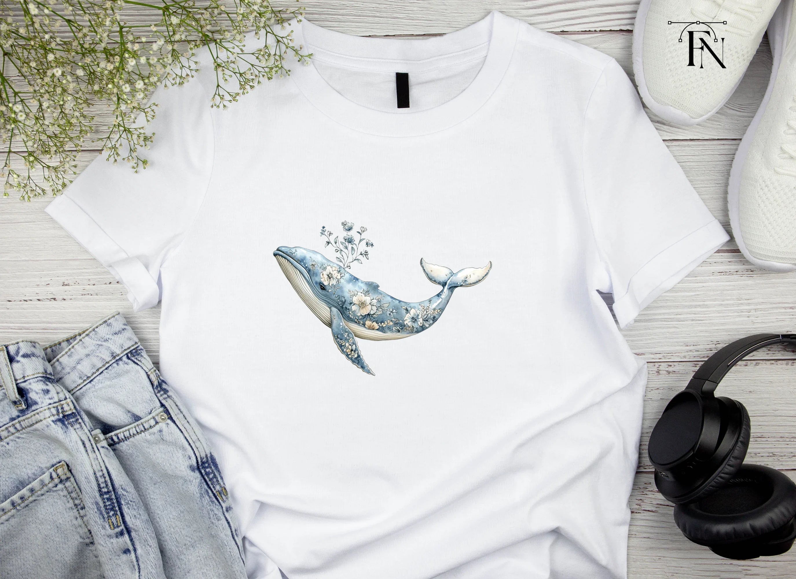Elegant Blue Floral Whale Clipart Bundle