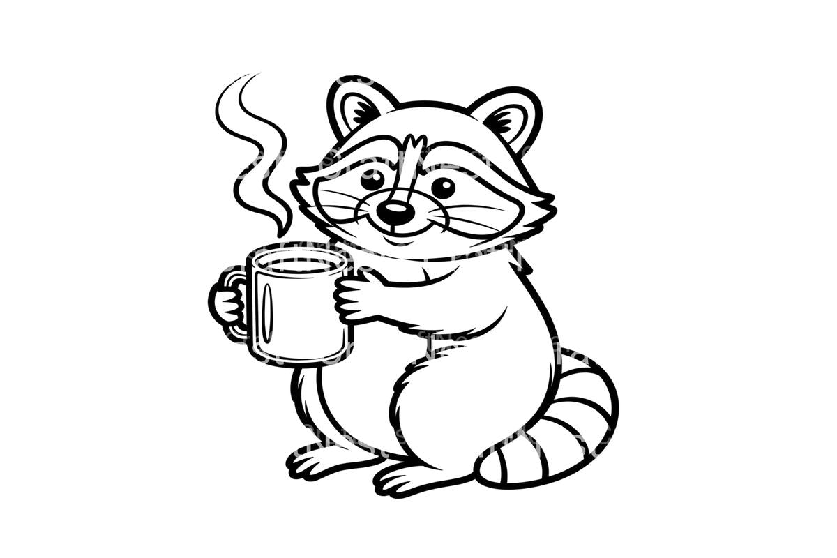 Cute Raccoon with Coffee Coloring Books