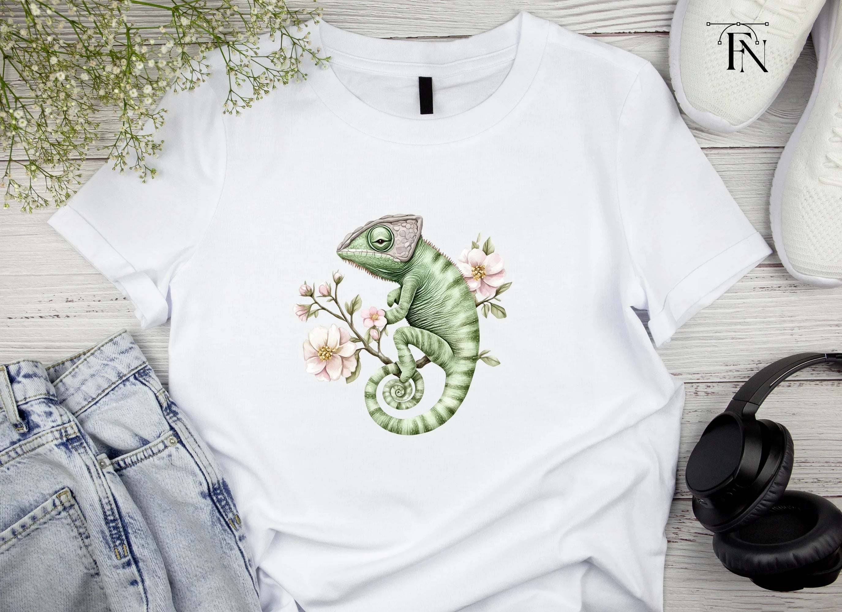 Chameleon on Branch with Pink Flowers Clipart Bundle