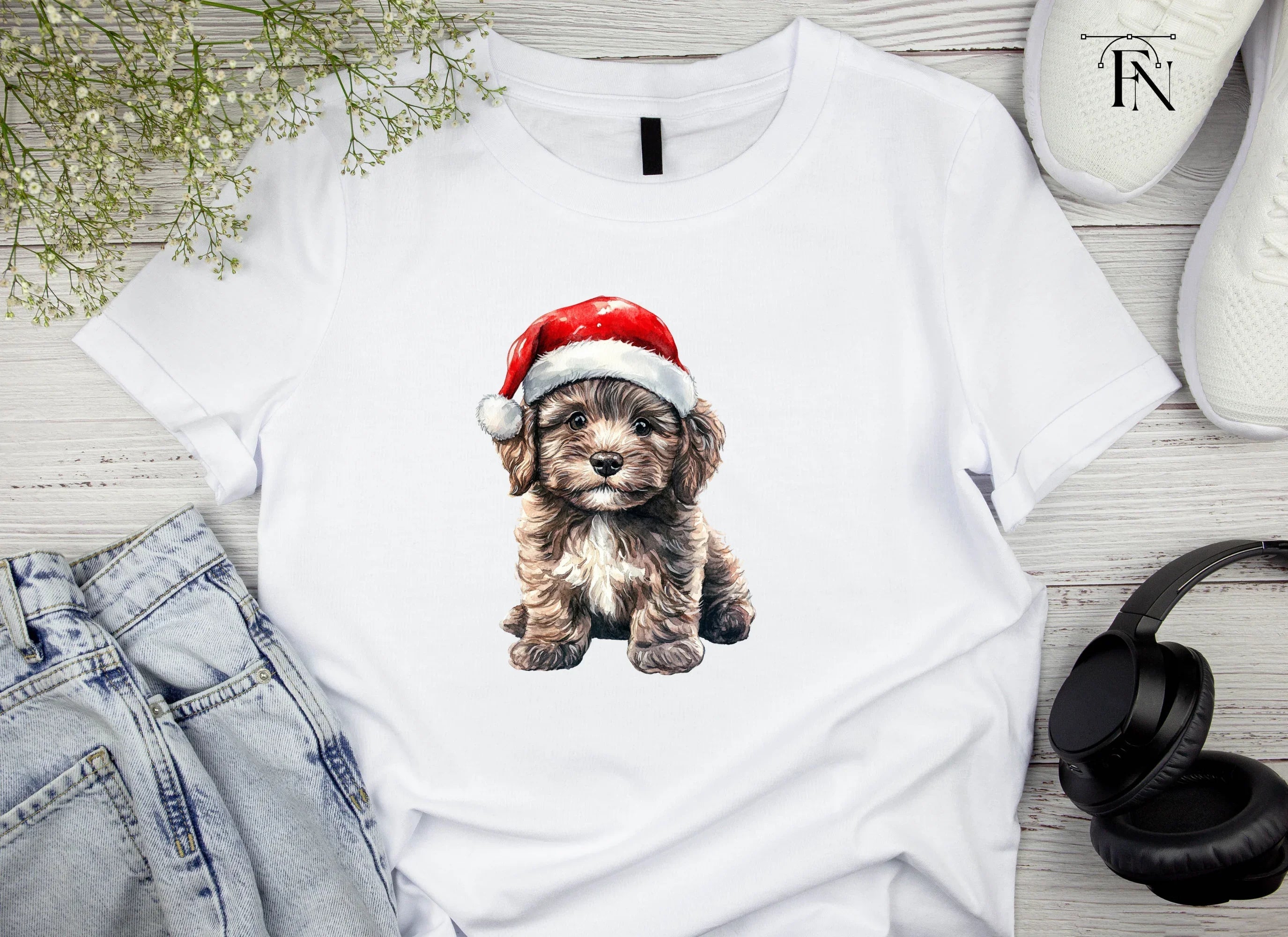 Cute Christmas Puppies with Santa Hats Clipart Bundle