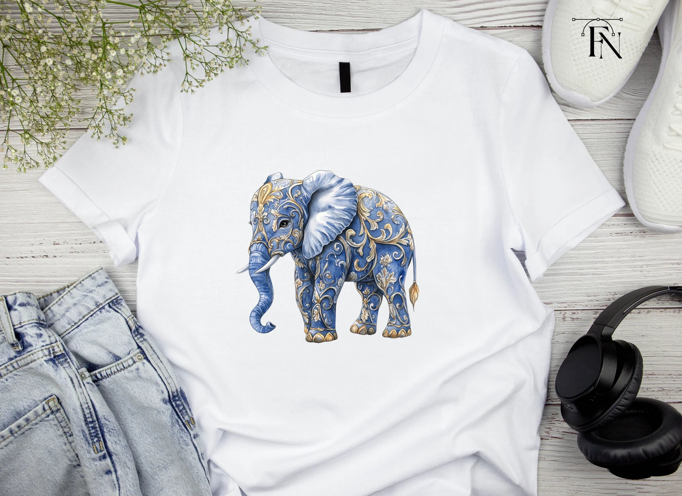 Elegant Blue Elephant with Gold Filigree Clipart Bundle