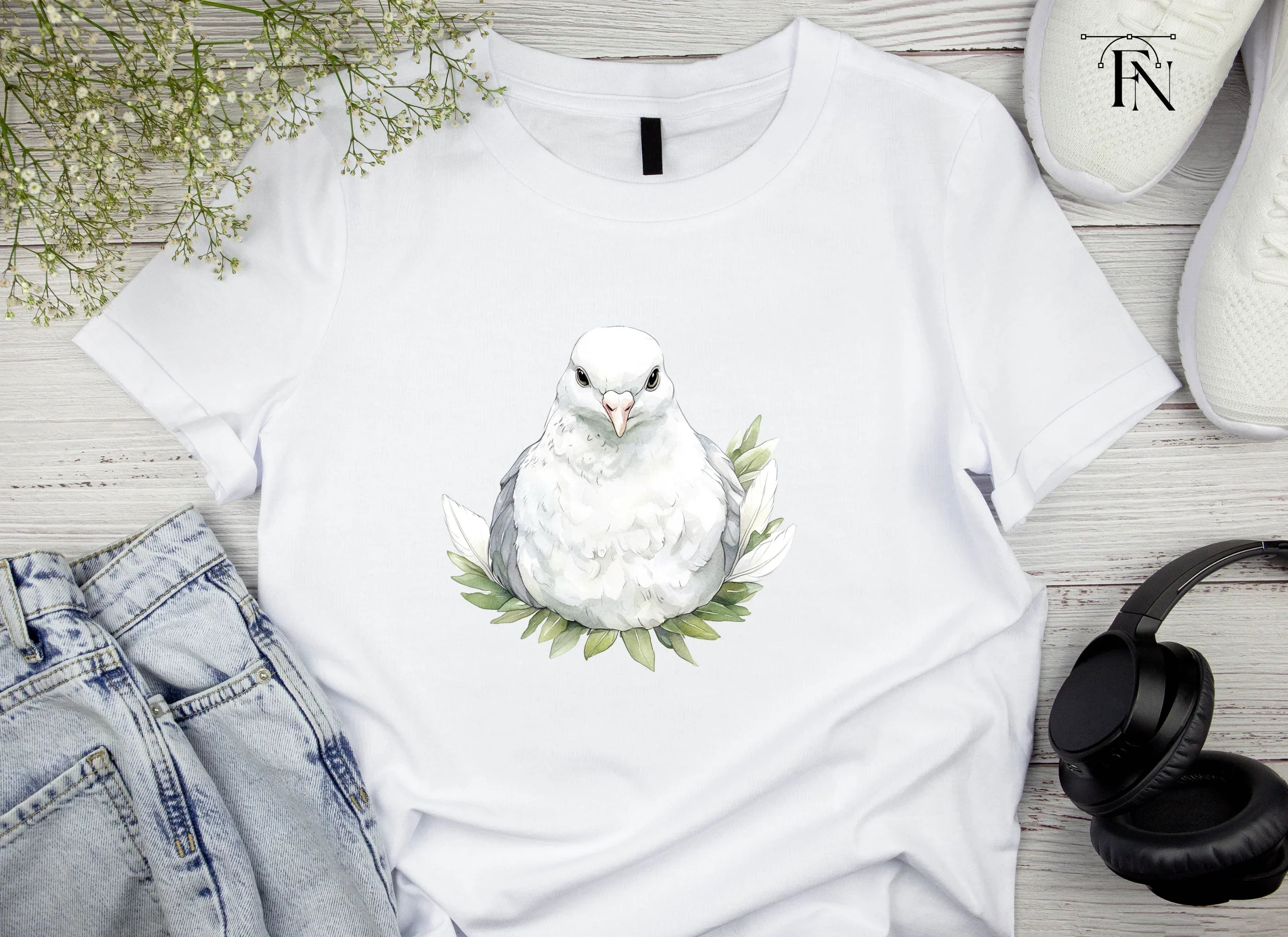White Dove with Green Leaves Clipart Bundle