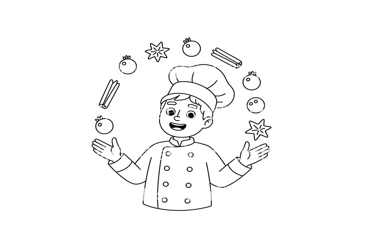 Chef Juggling Spices and Ingredients Coloring Books