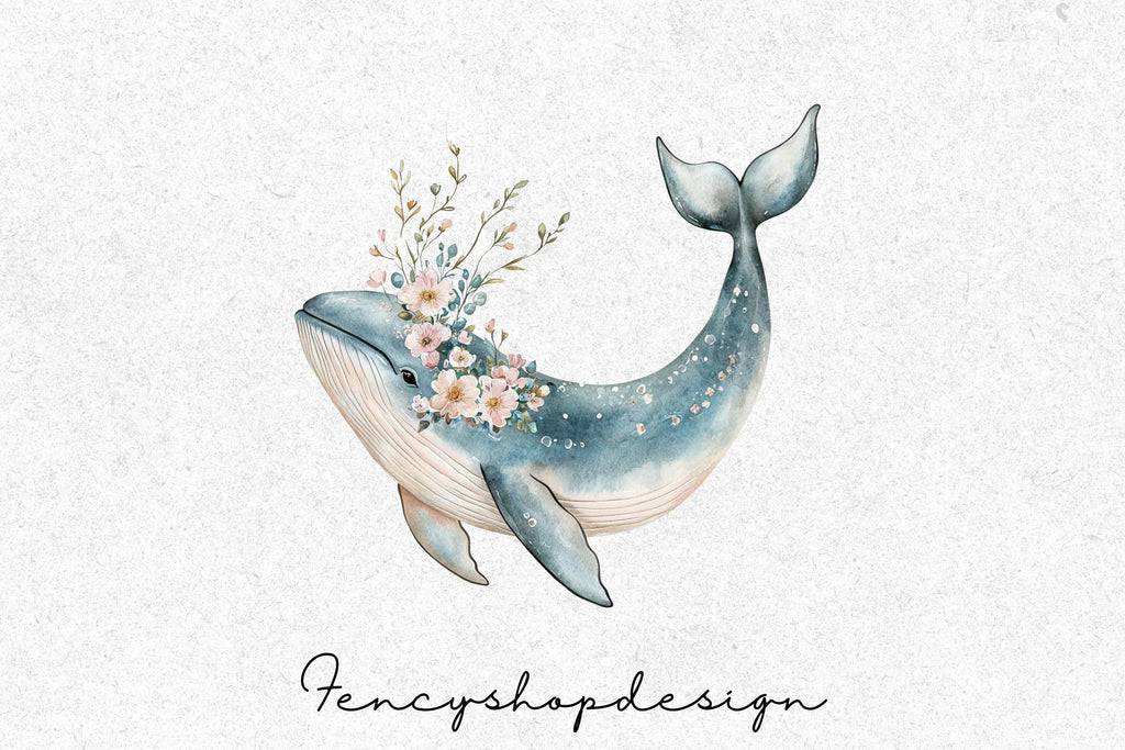 Floral Whales Ocean Clipart Bundle