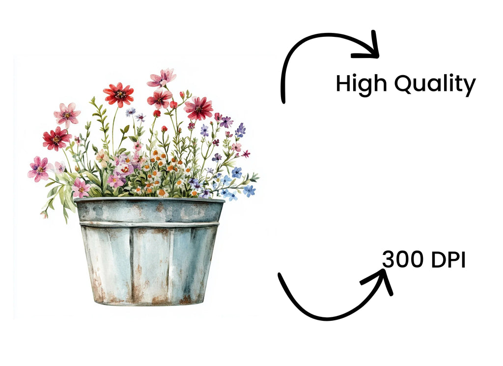 Wildflower Arrangement in Galvanized Bucket Clipart Bundle