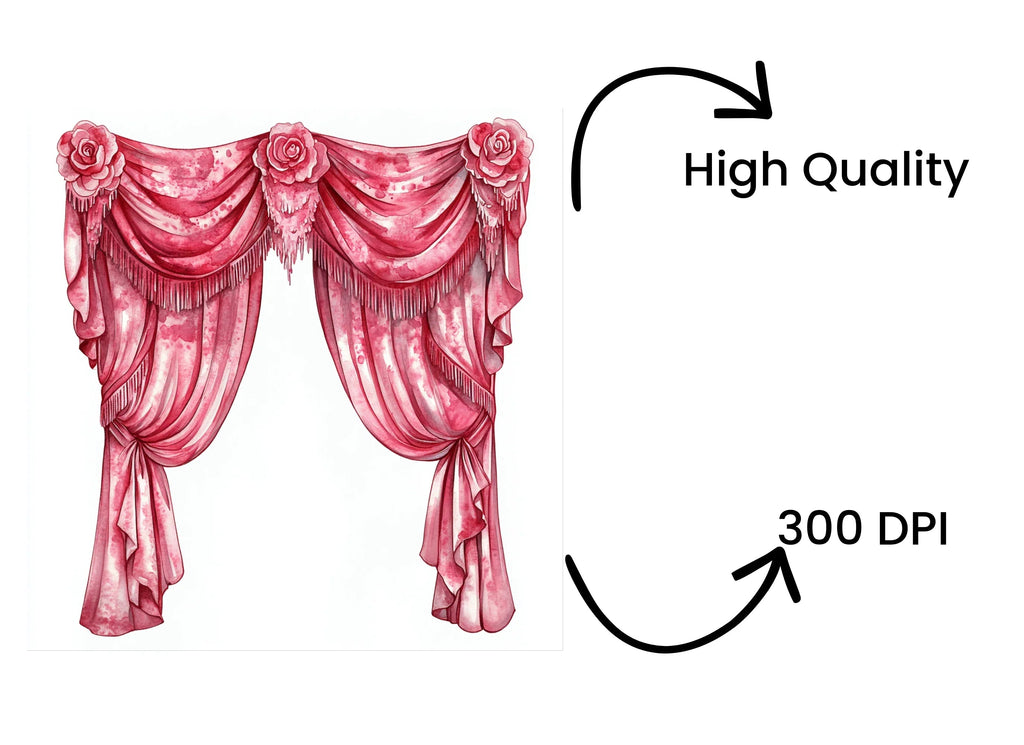 Pink Rose Draped Curtain Clipart Bundle