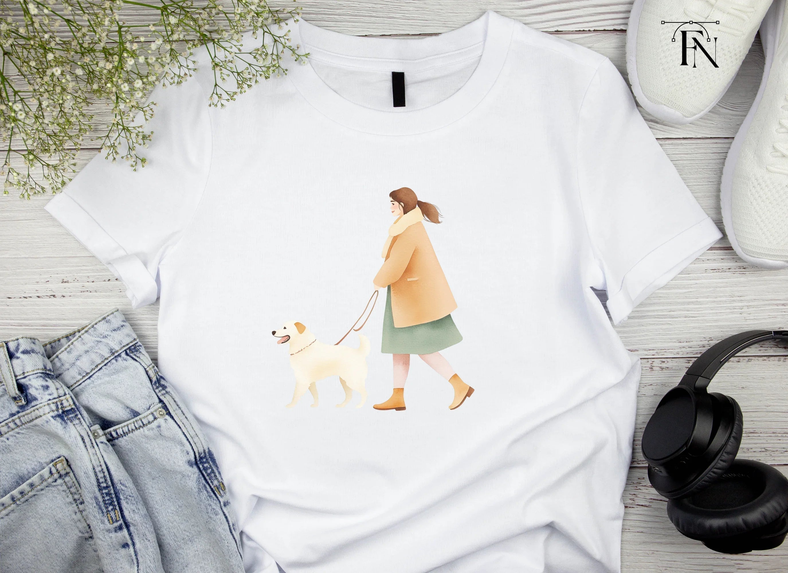 Woman Walking Dog Illustration Clipart Bundle