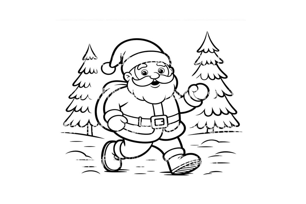Running Santa Claus in Snowy Forest Coloring Books