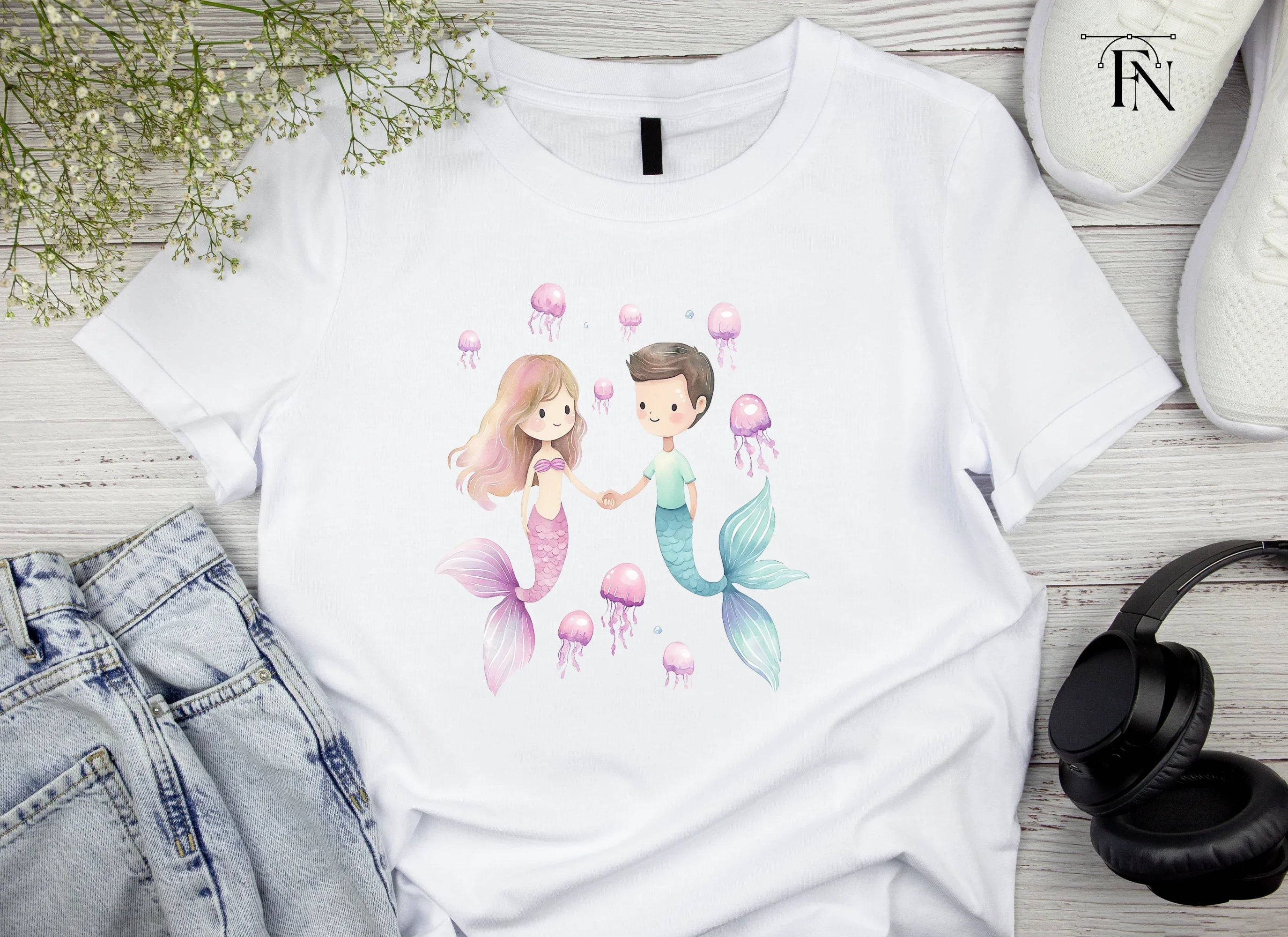 Adorable Mermaid Couple with Jellyfish Clipart Bundle