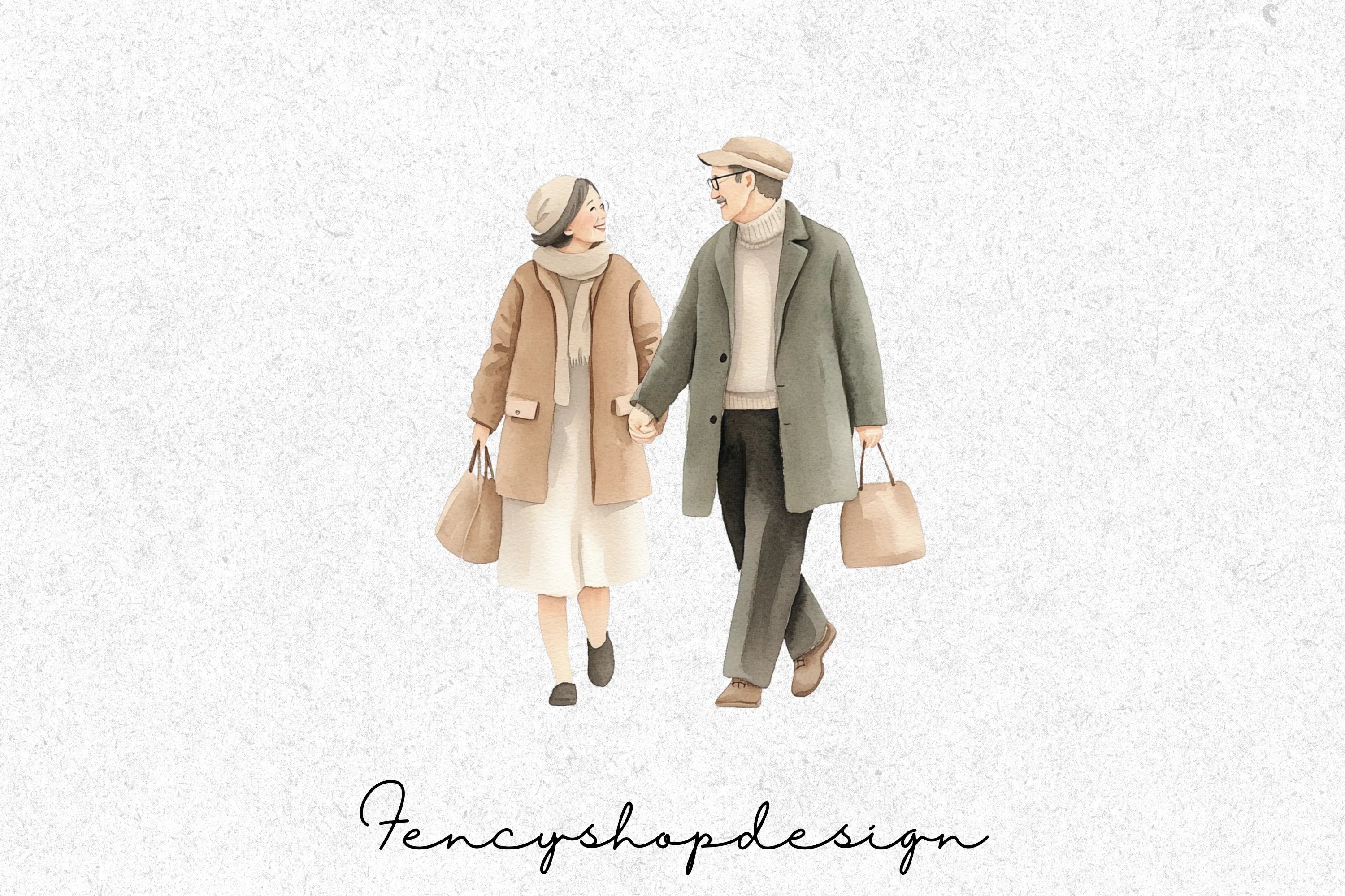 Elderly Couples Walking Clipart Bundle