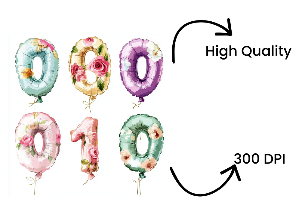Floral Number Balloons Clipart Bundle