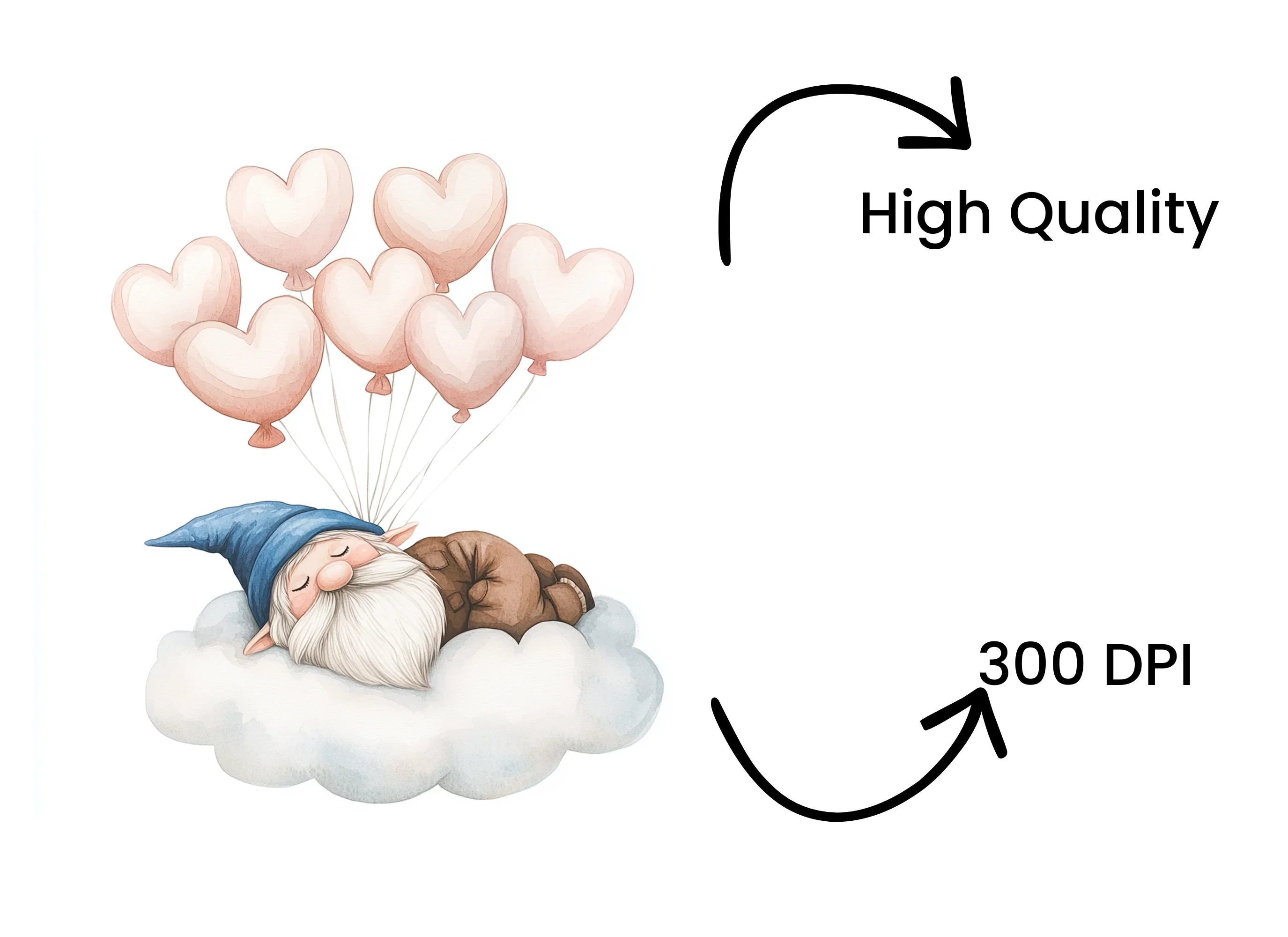 Sleeping Gnome on Cloud with Balloons Clipart Bundle