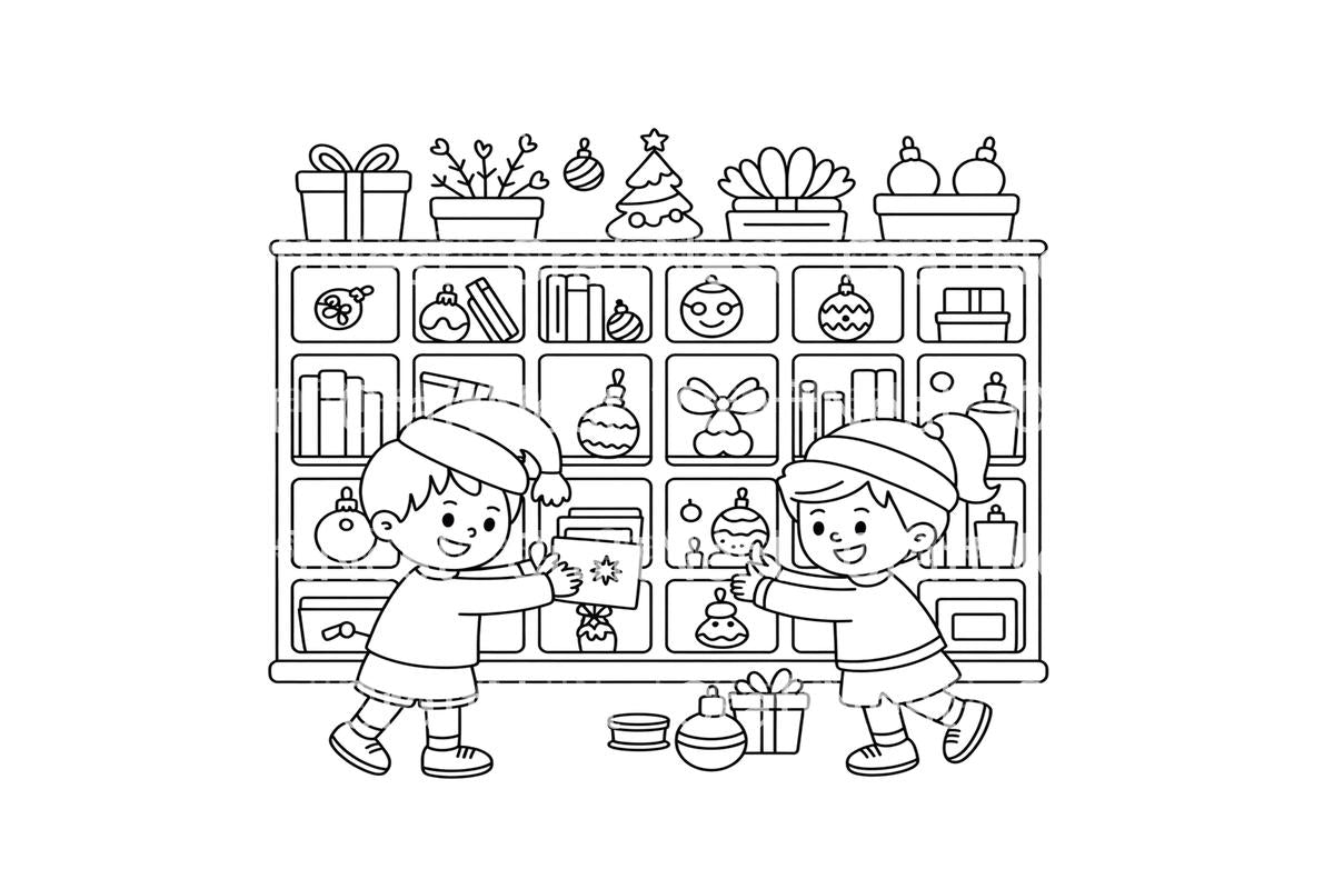 Children Organizing Christmas Decorations Coloring Books