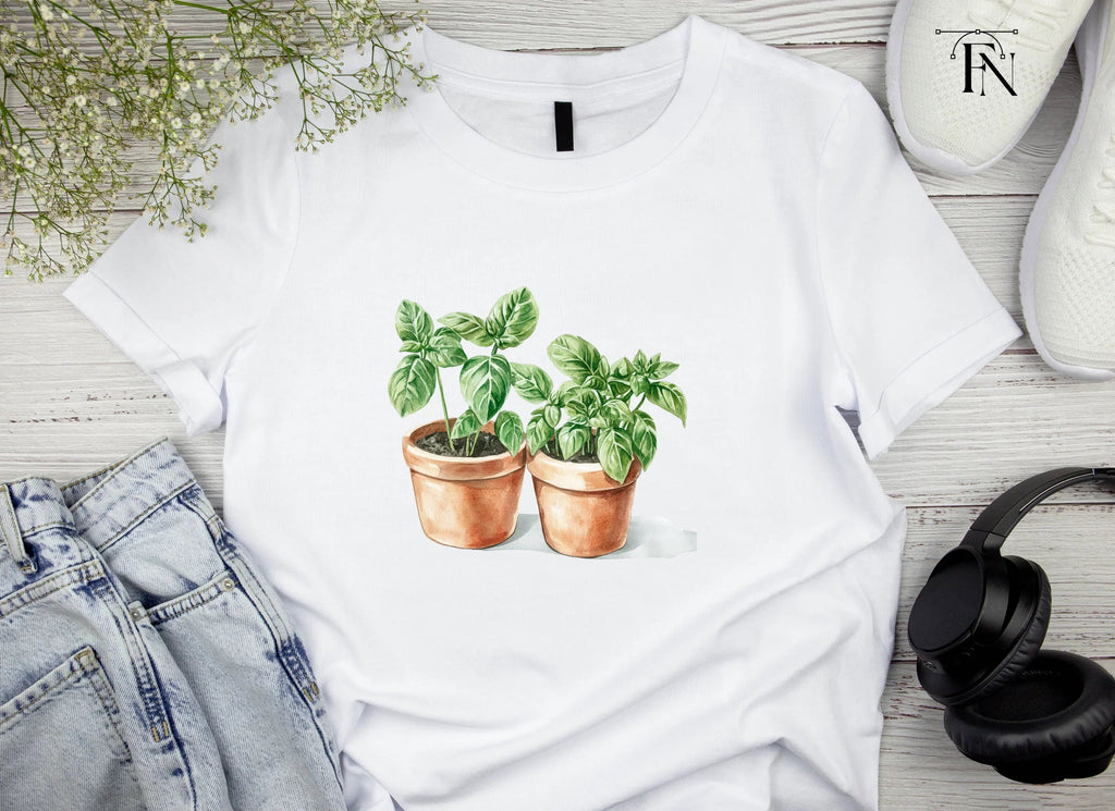 Fresh Basil Plants in Terracotta Pots Clipart Bundle