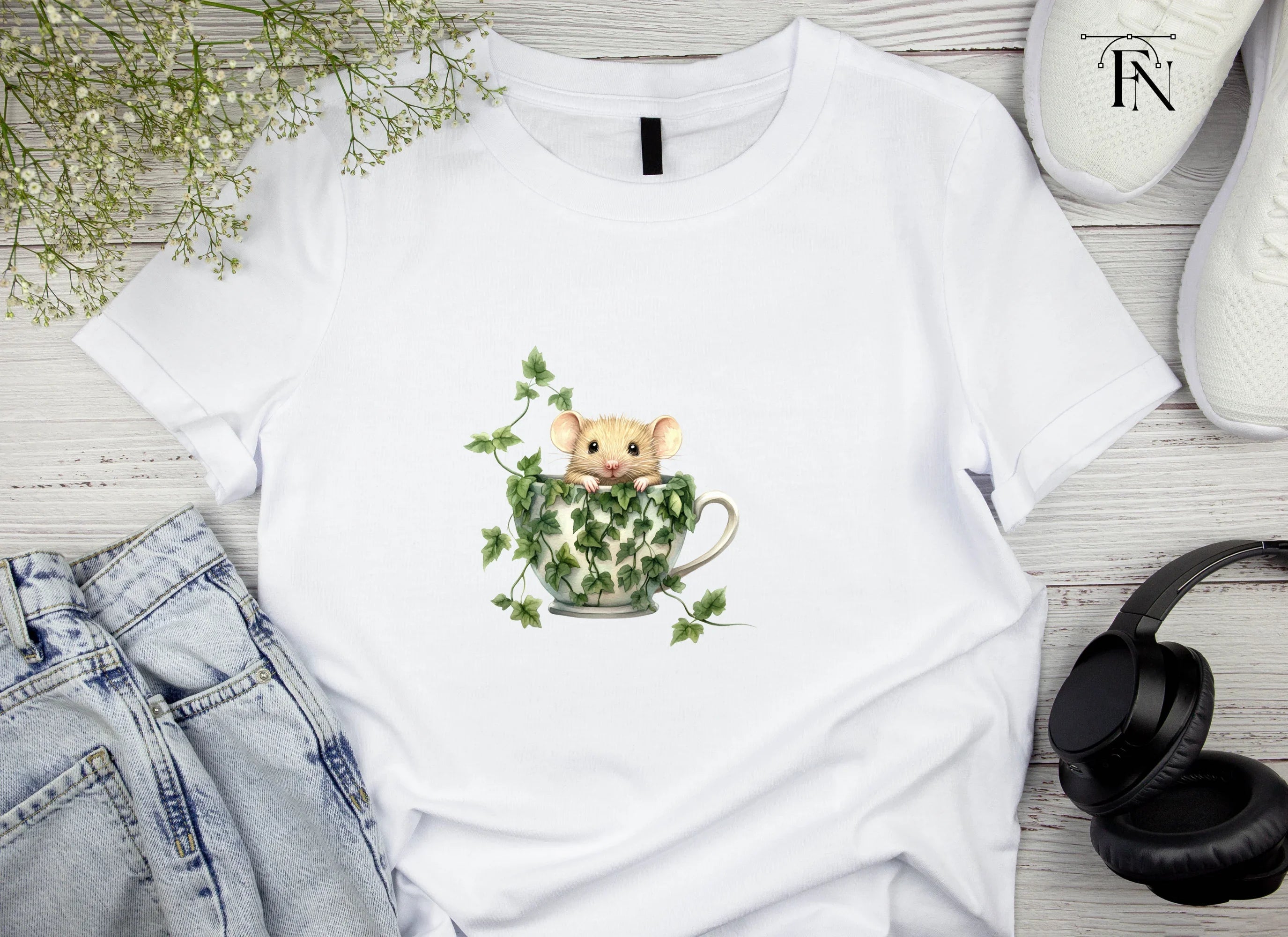 Cute Mice in Ivy Teacups Clipart Bundle