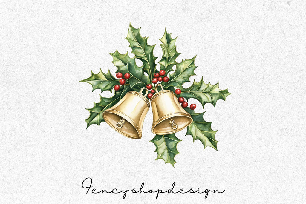 Festive Christmas Bells Holly Clipart Bundle