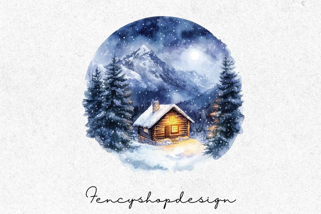 Snowy Mountain Cabin Clipart Bundle