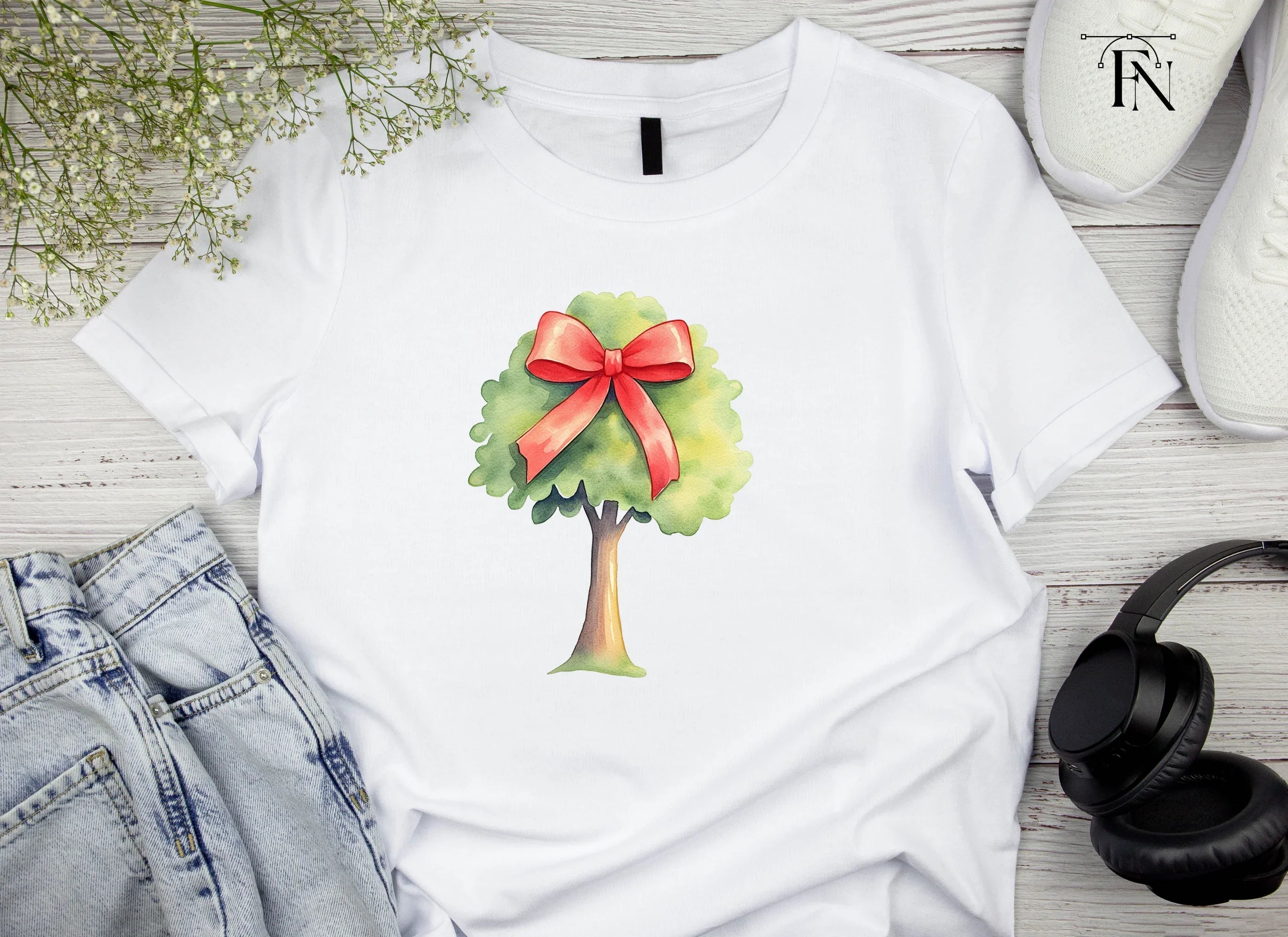 Green Trees with Red Bows Clipart Bundle