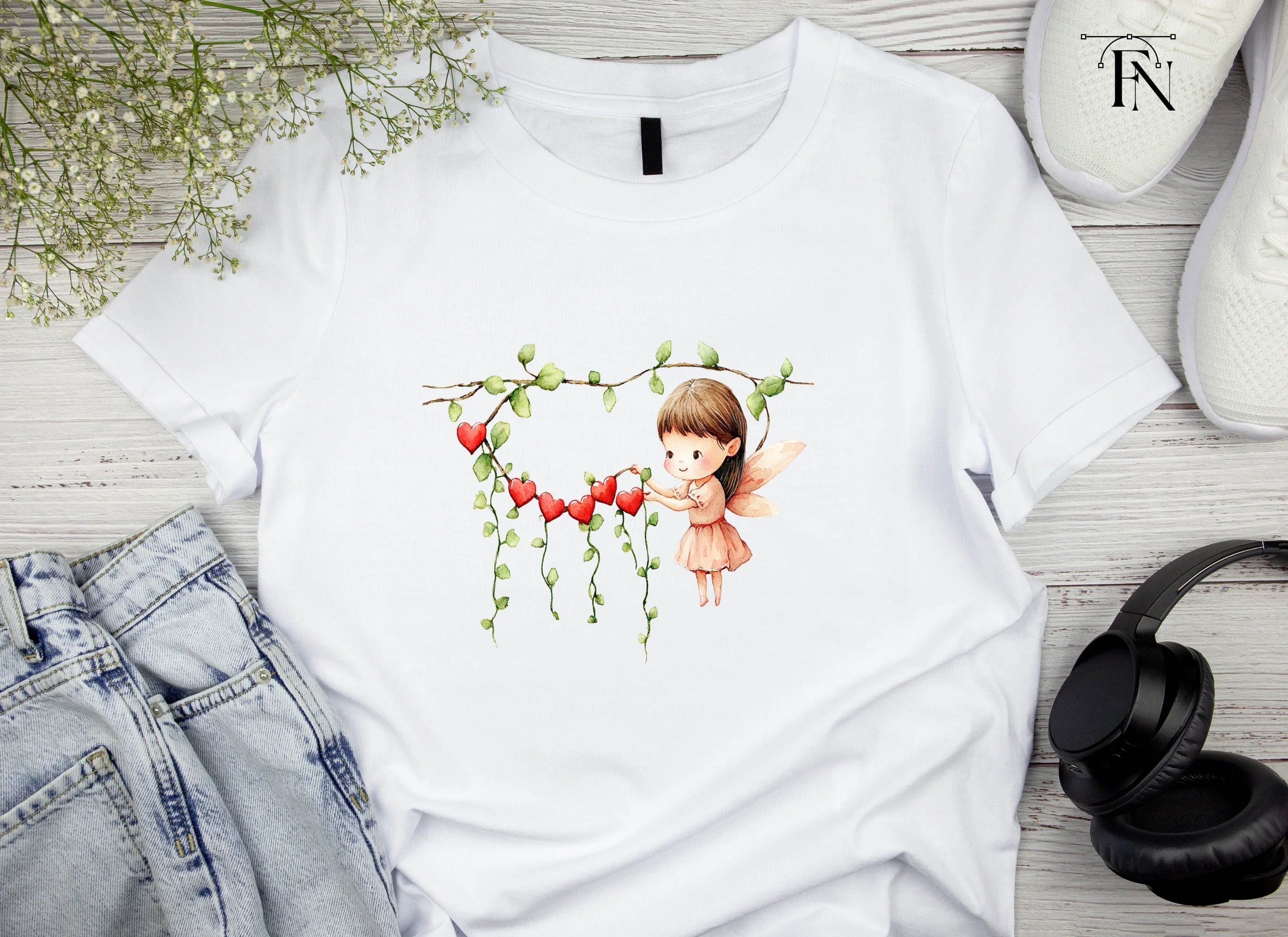 Cute Fairies with Heart Vines Clipart Bundle