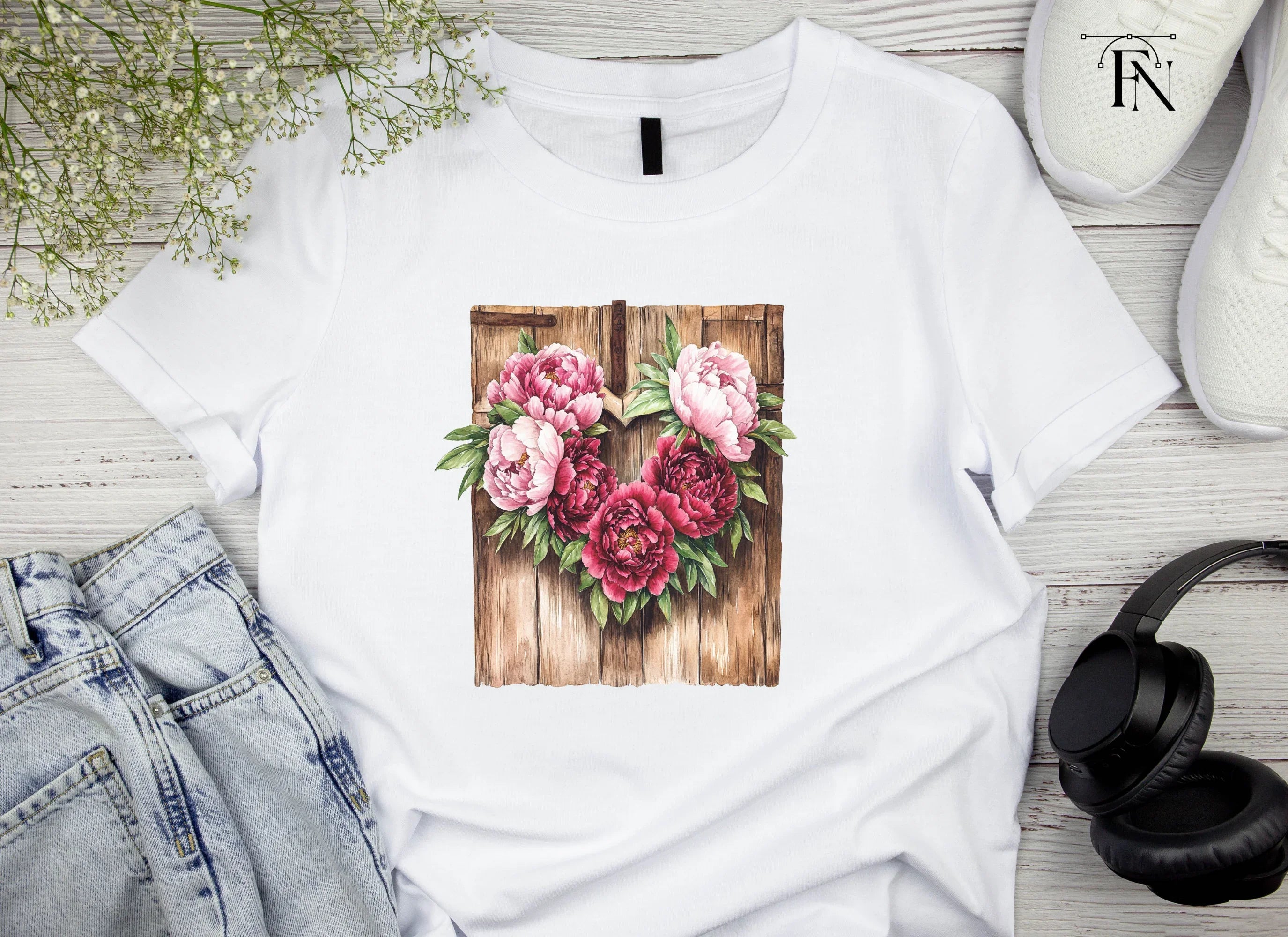 Peony Wreath and Wooden Door Clipart Bundle