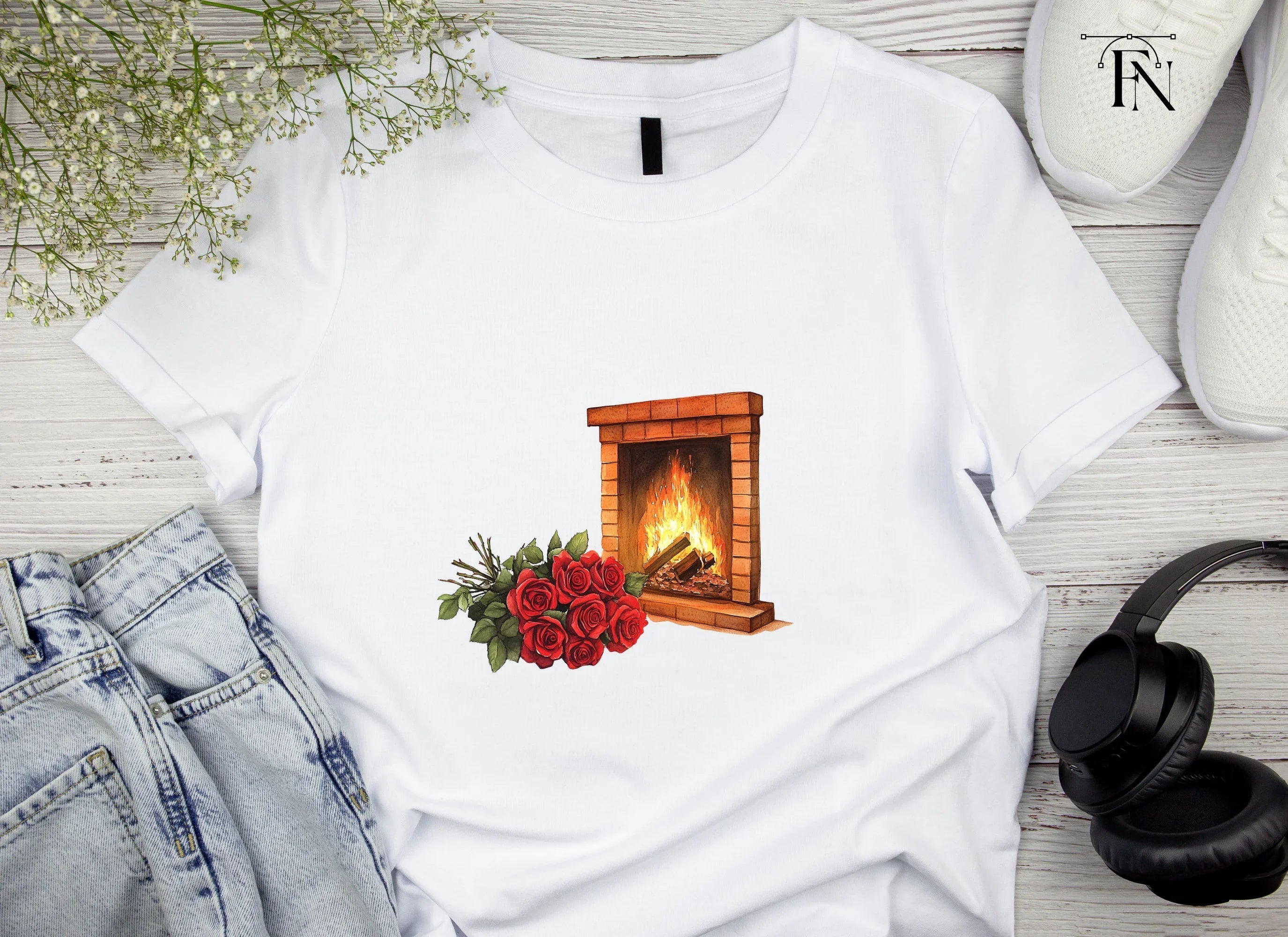 Cozy Fireplace with Red Roses Clipart Bundle