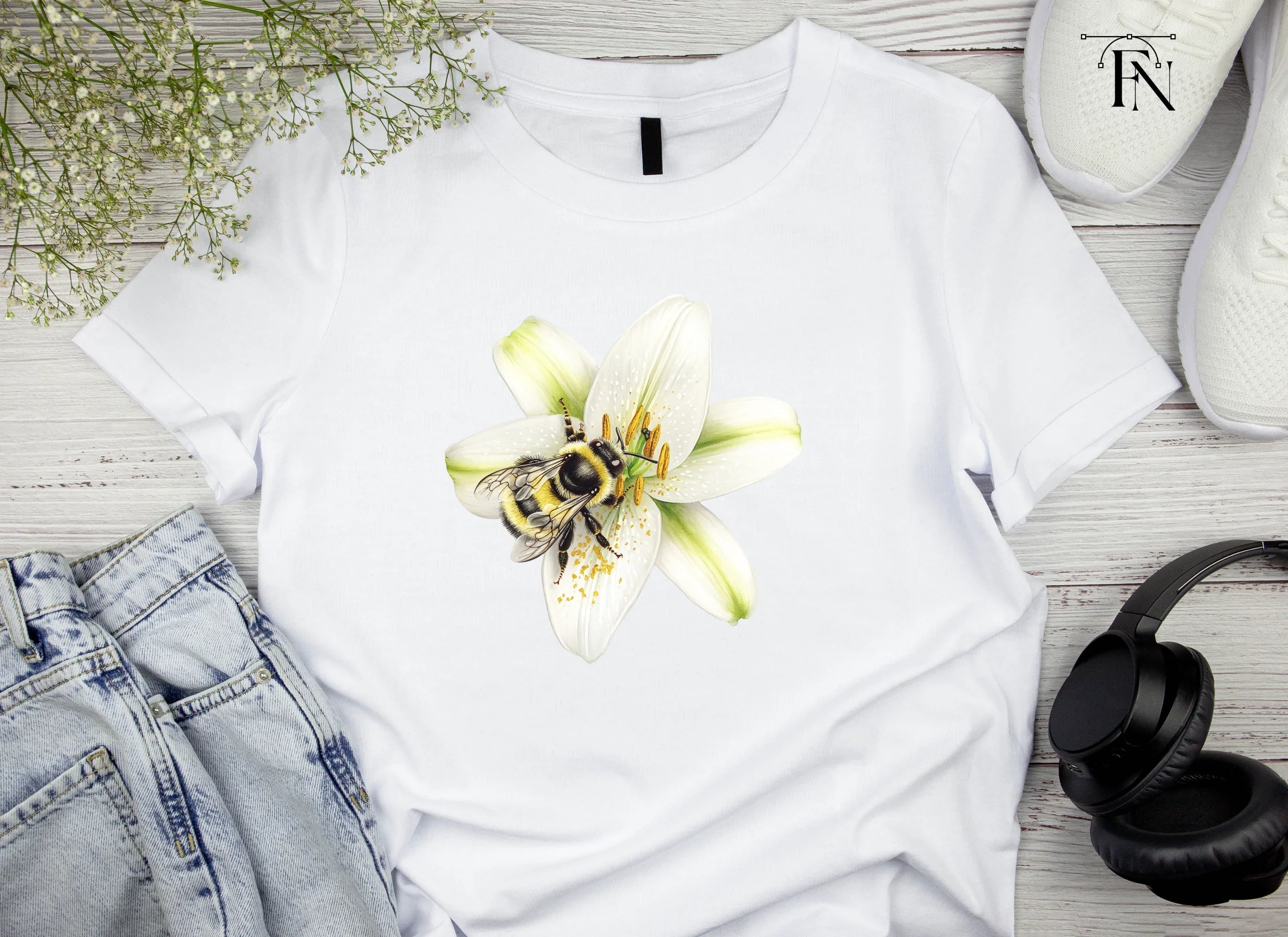 Bumblebees on White Lilies Clipart Bundle