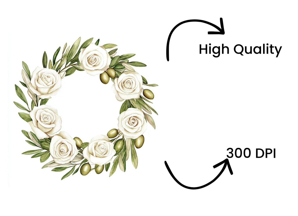 Olive White Rose Wreaths Clipart Bundle