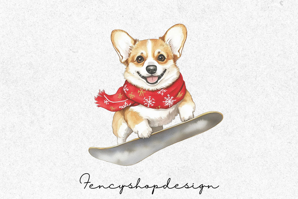 Cute Corgi Dogs Snowboarding Clipart Bundle