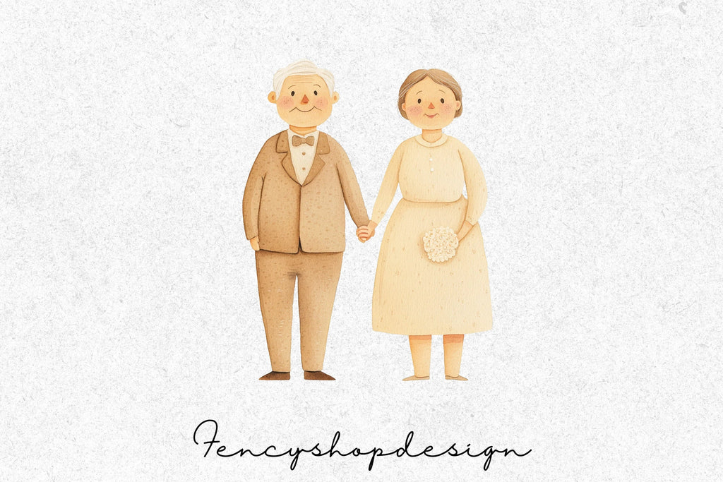 Sweet Elderly Couple Wedding Love Clipart Bundle