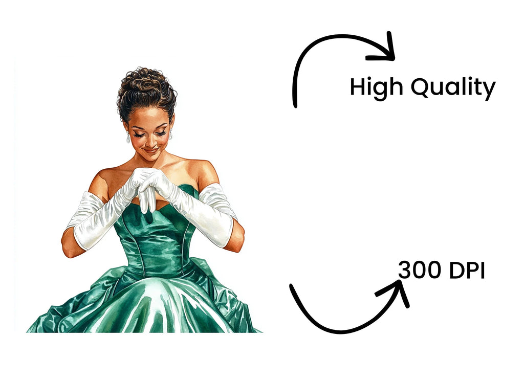 Elegant Woman in Green Dress Clipart Bundle