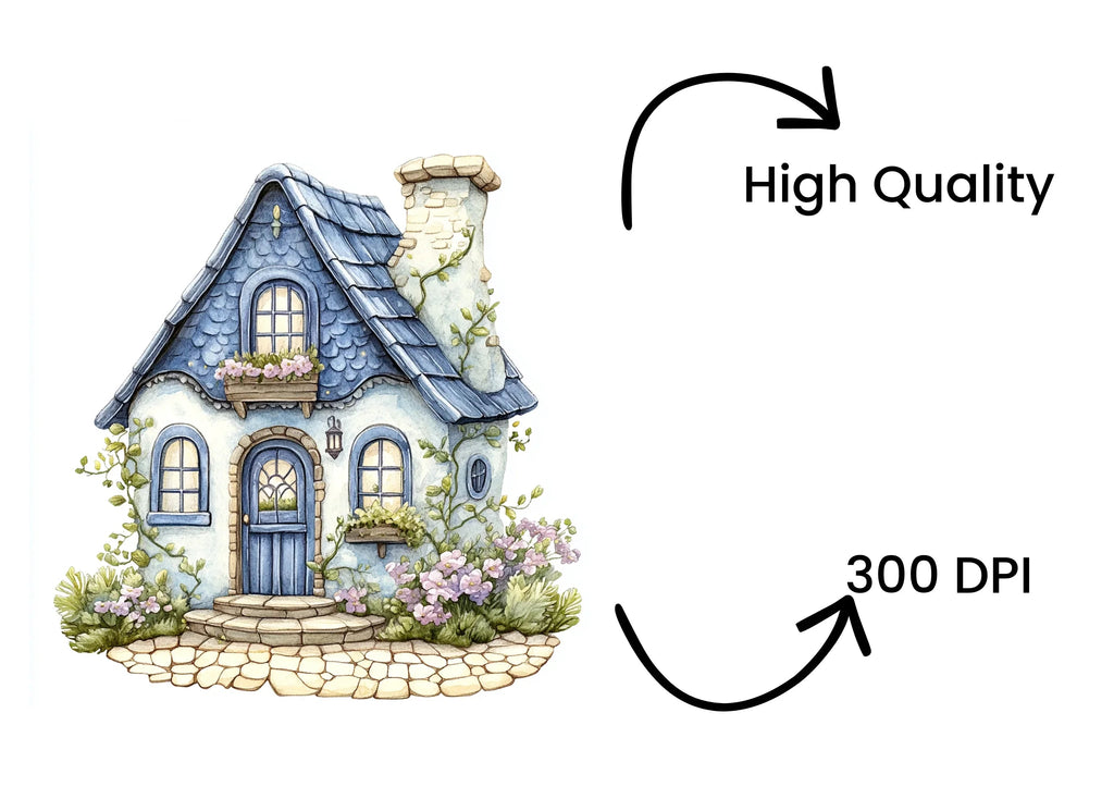 Charming Blue Roof Cottage Clipart Bundle
